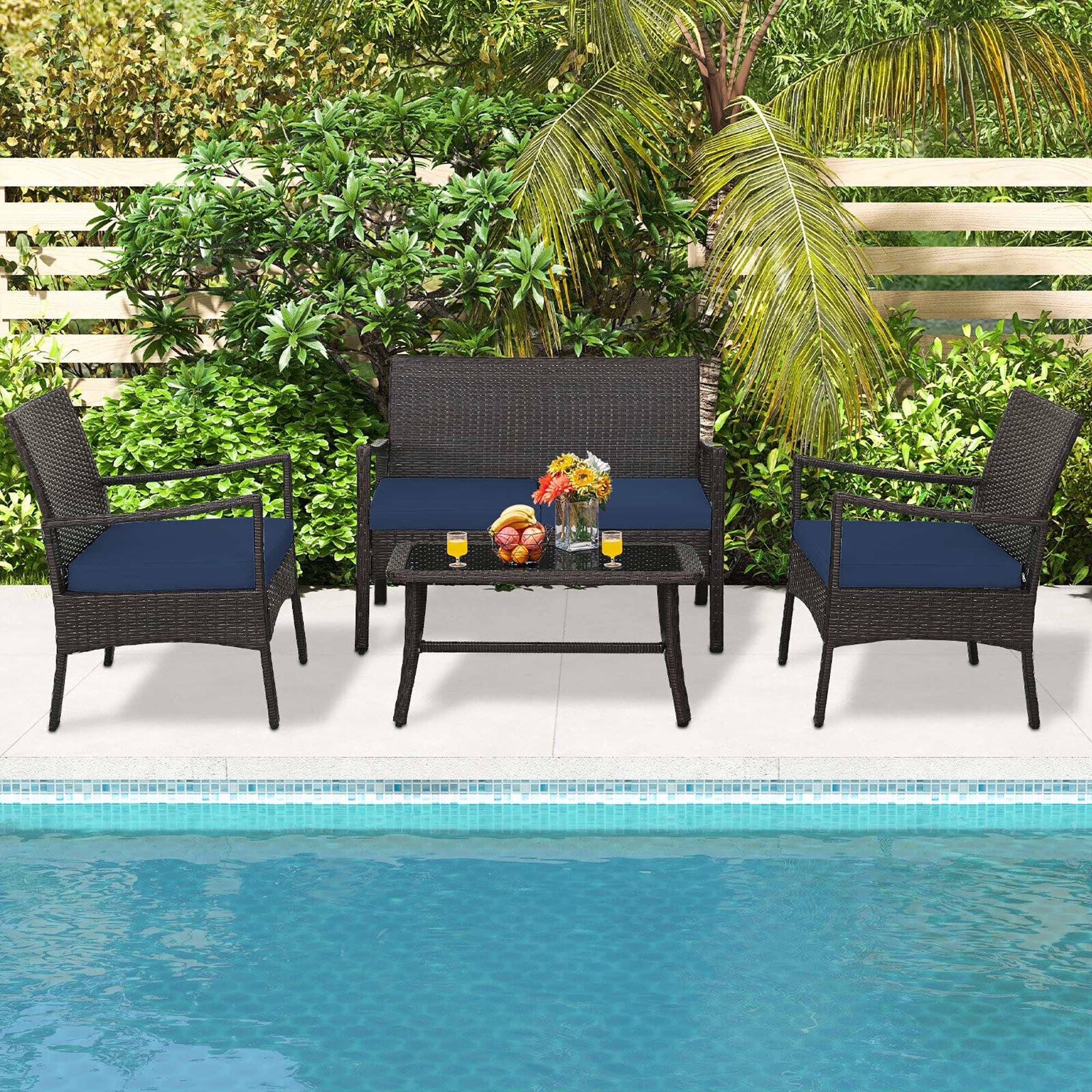 Gymax 4 Pieces Outdoor Patio Pe Wicker Sofa W Tempered Glass Coffee