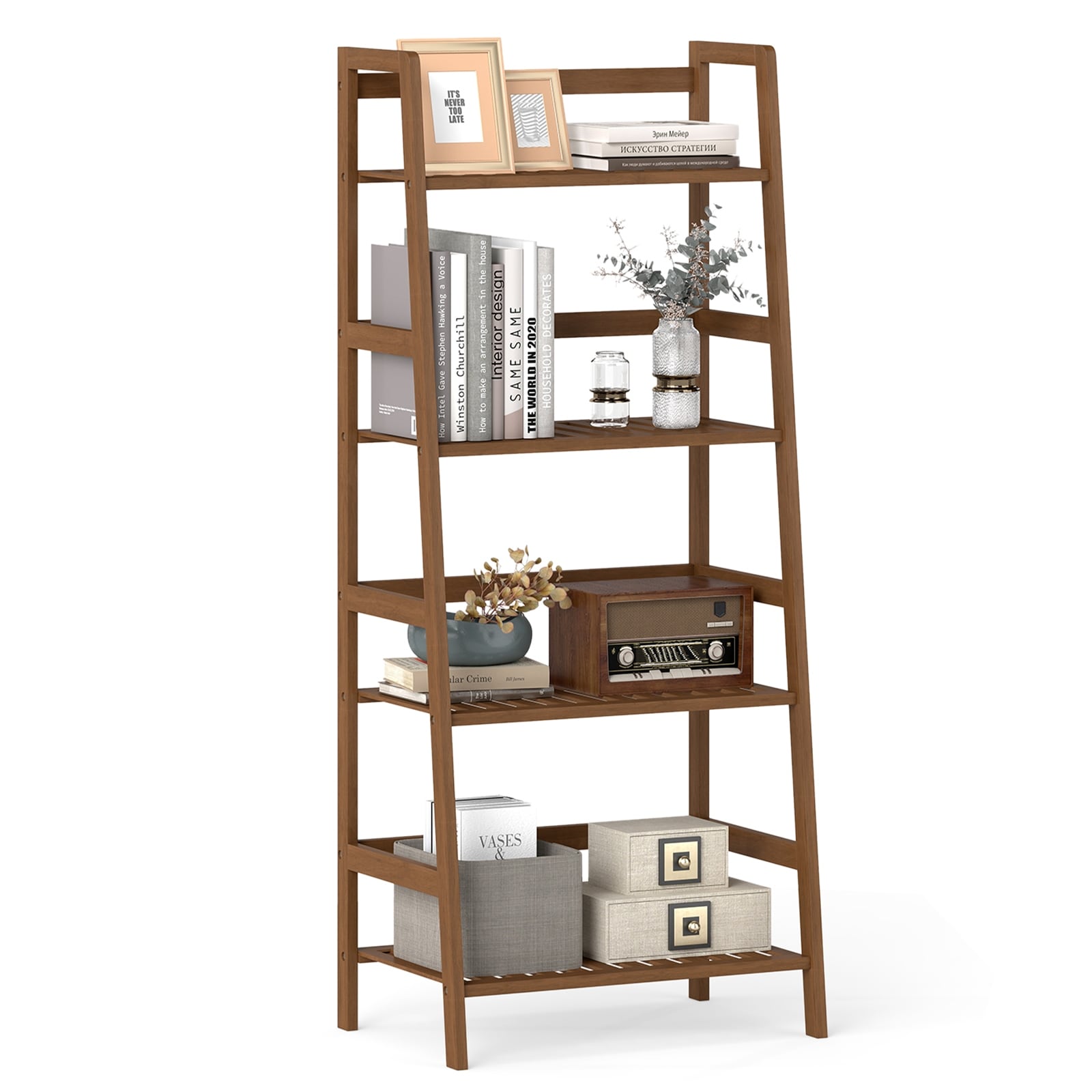 Gymax 4 Tier Bamboo Ladder Shelf Plant Display Stand Rack Bookshelf