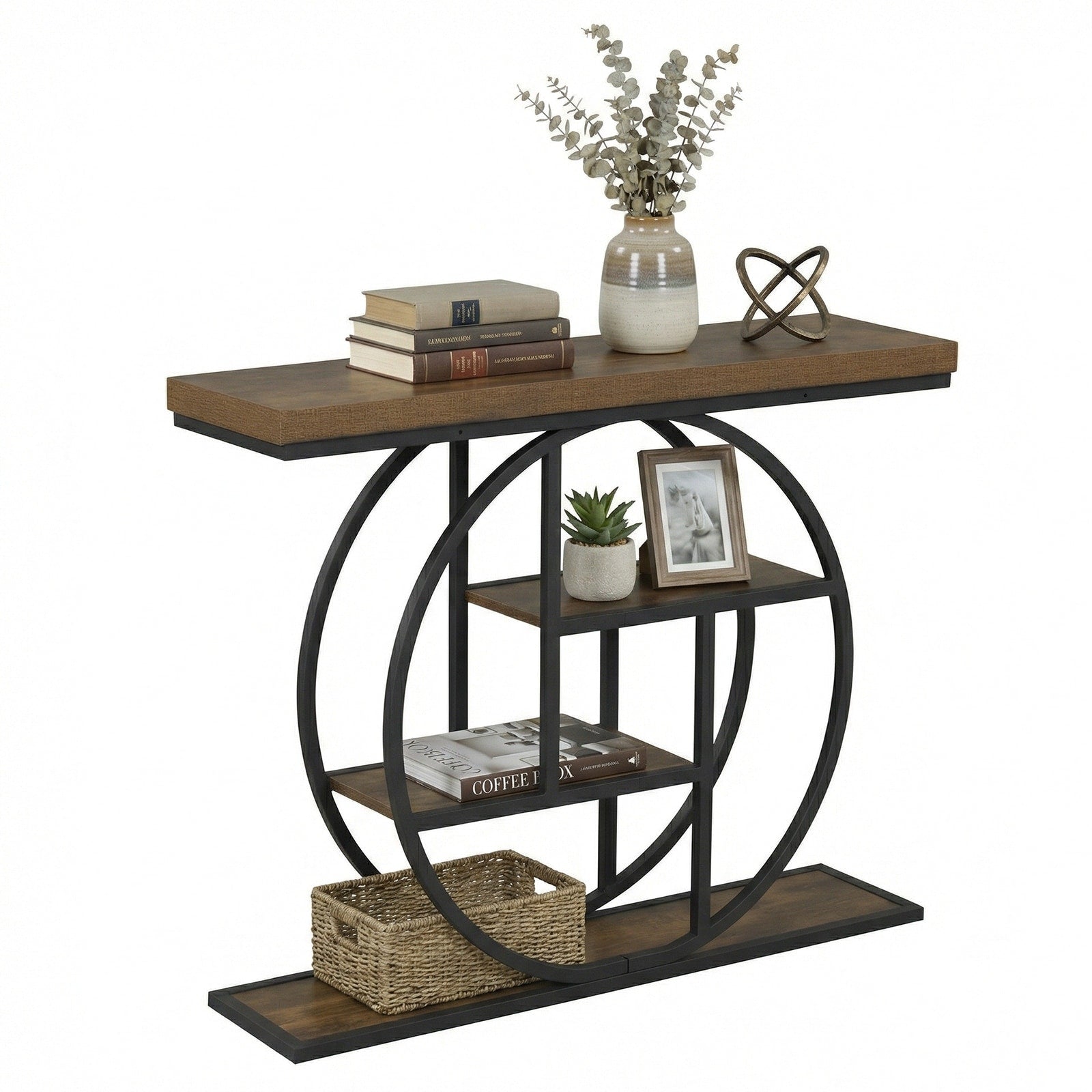 Gymax 4 Tier Console Table W Storage Shelves Circle Base Accent Behind
