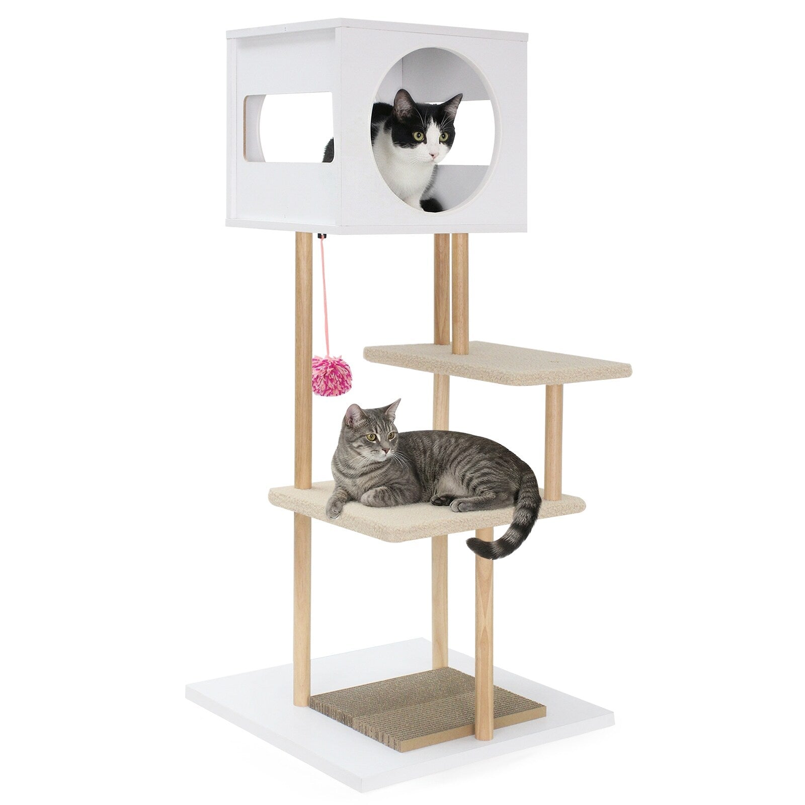 Gymax 40 Wood Cat Tower W 2 Door Condo 2 Corrugated Cardboard White Natural