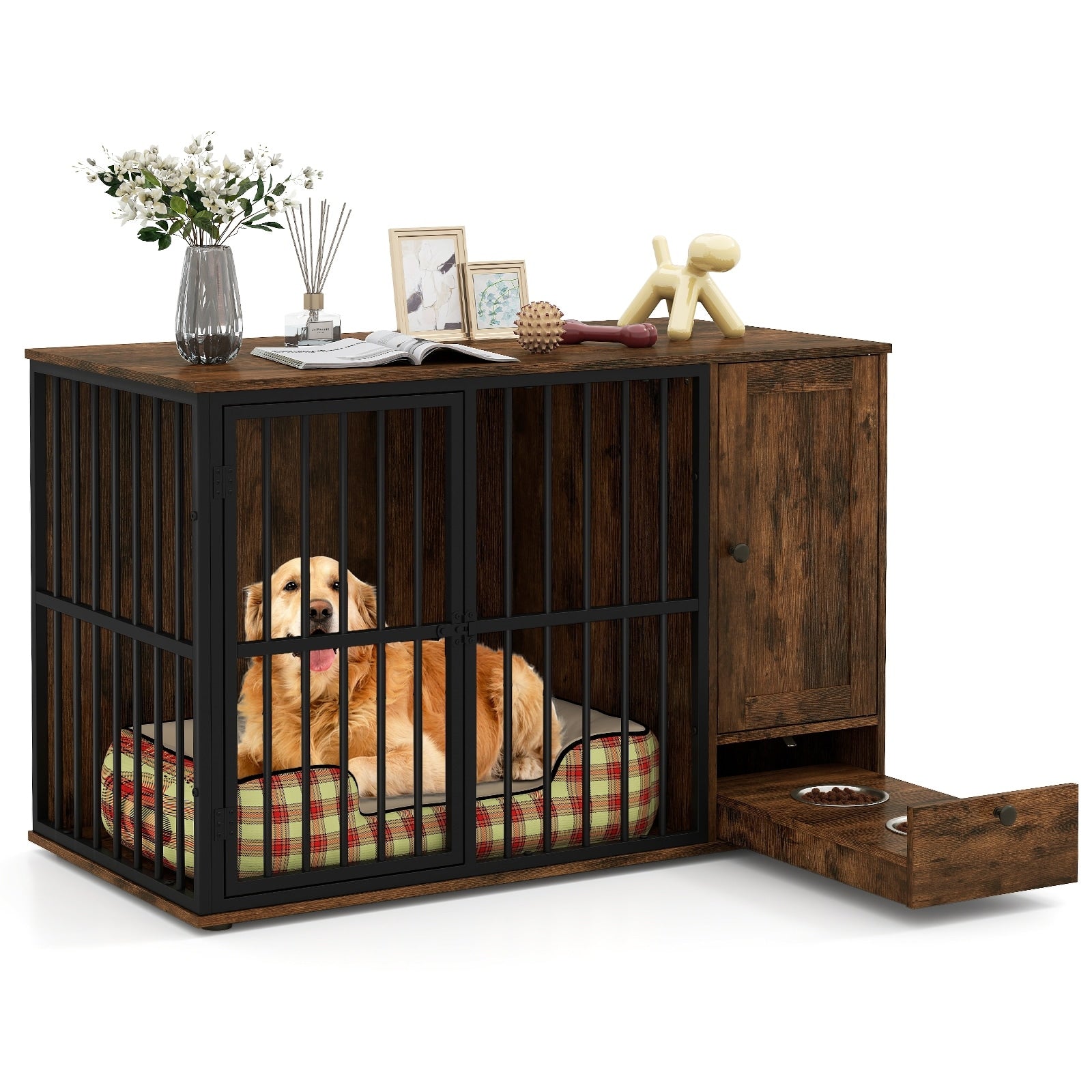 Gymax 47 5Dog Crate End Table W Hidden Bowls Storage