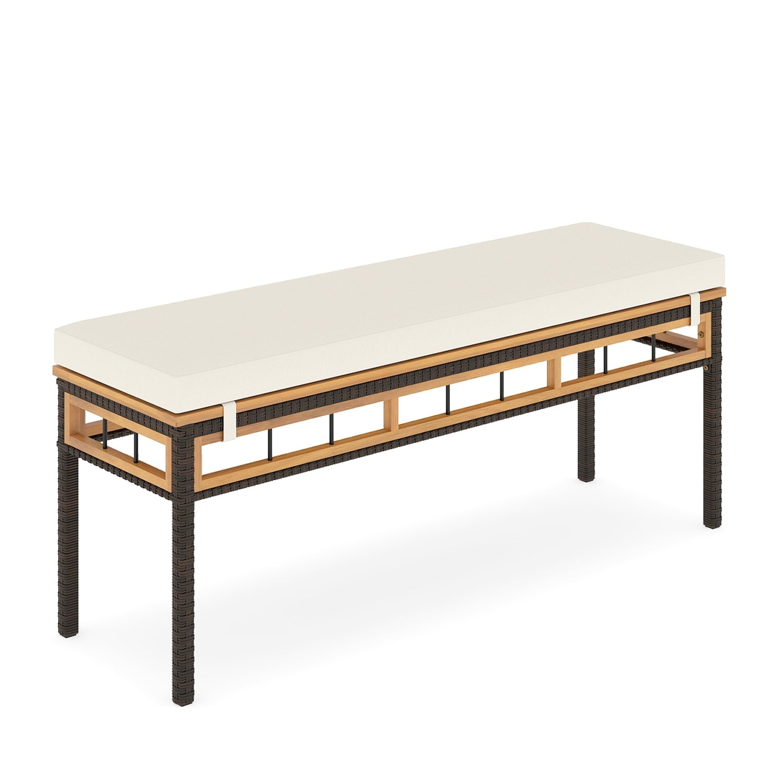 Gymax 48 Wicker Patio Bench W Acacia Wood Seat Removable Padded