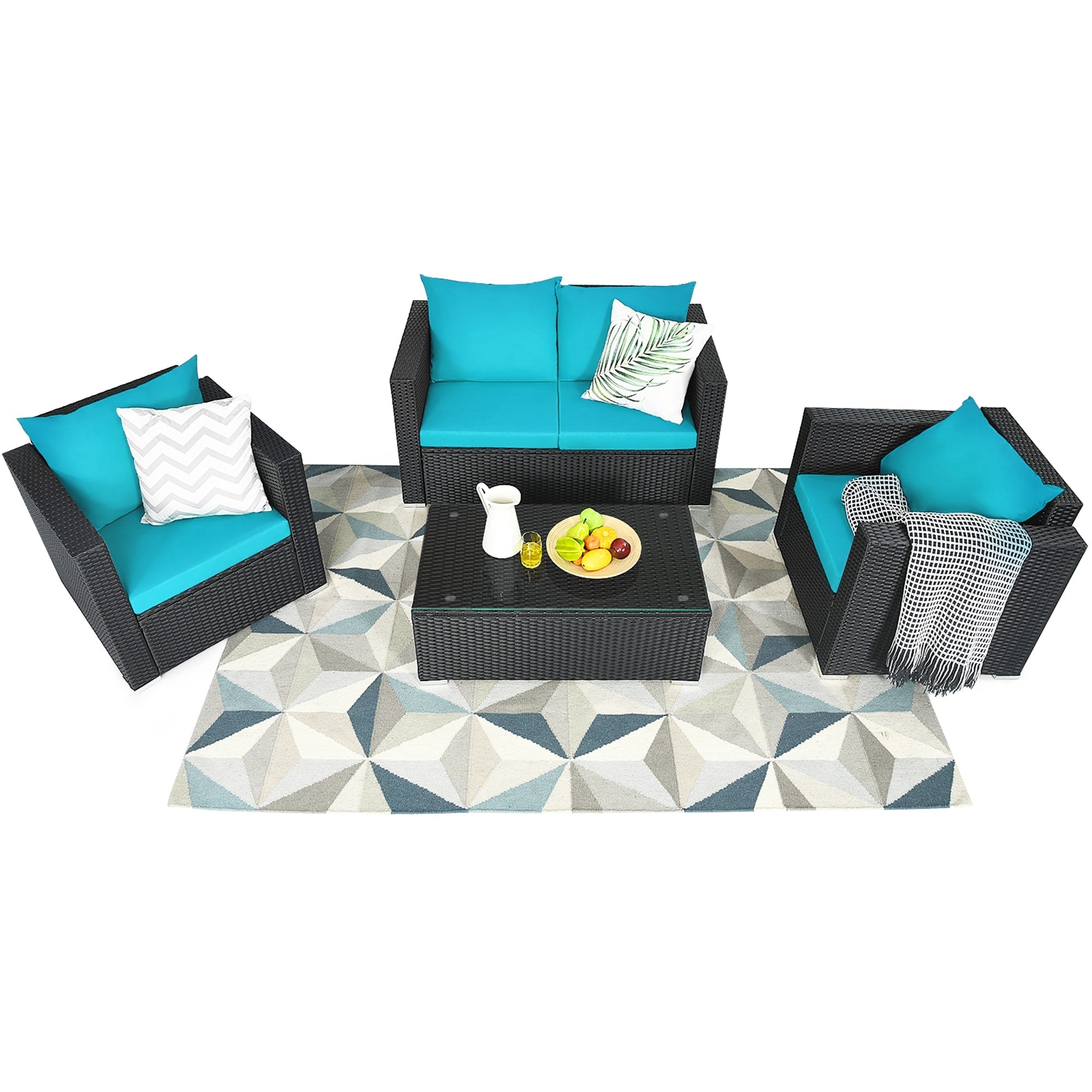 Gymax 4Pc Rattan Patio Furniture Set Outdoor Wicker With Turquoise