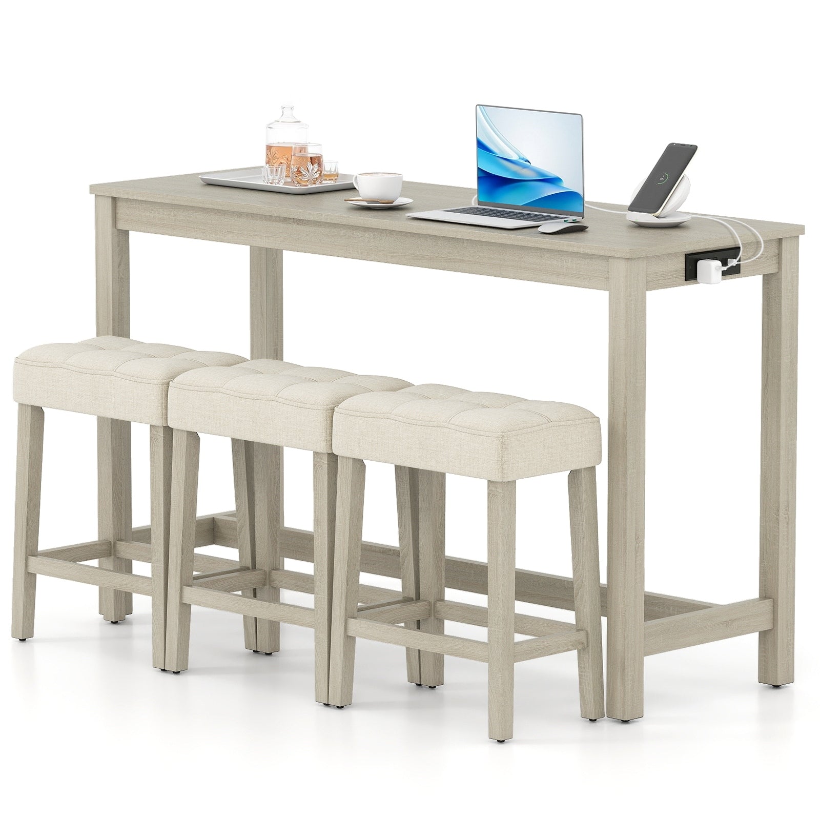 Gymax 4Pcs Bar Table Set W Charging Station 3 Padded Stools For Living