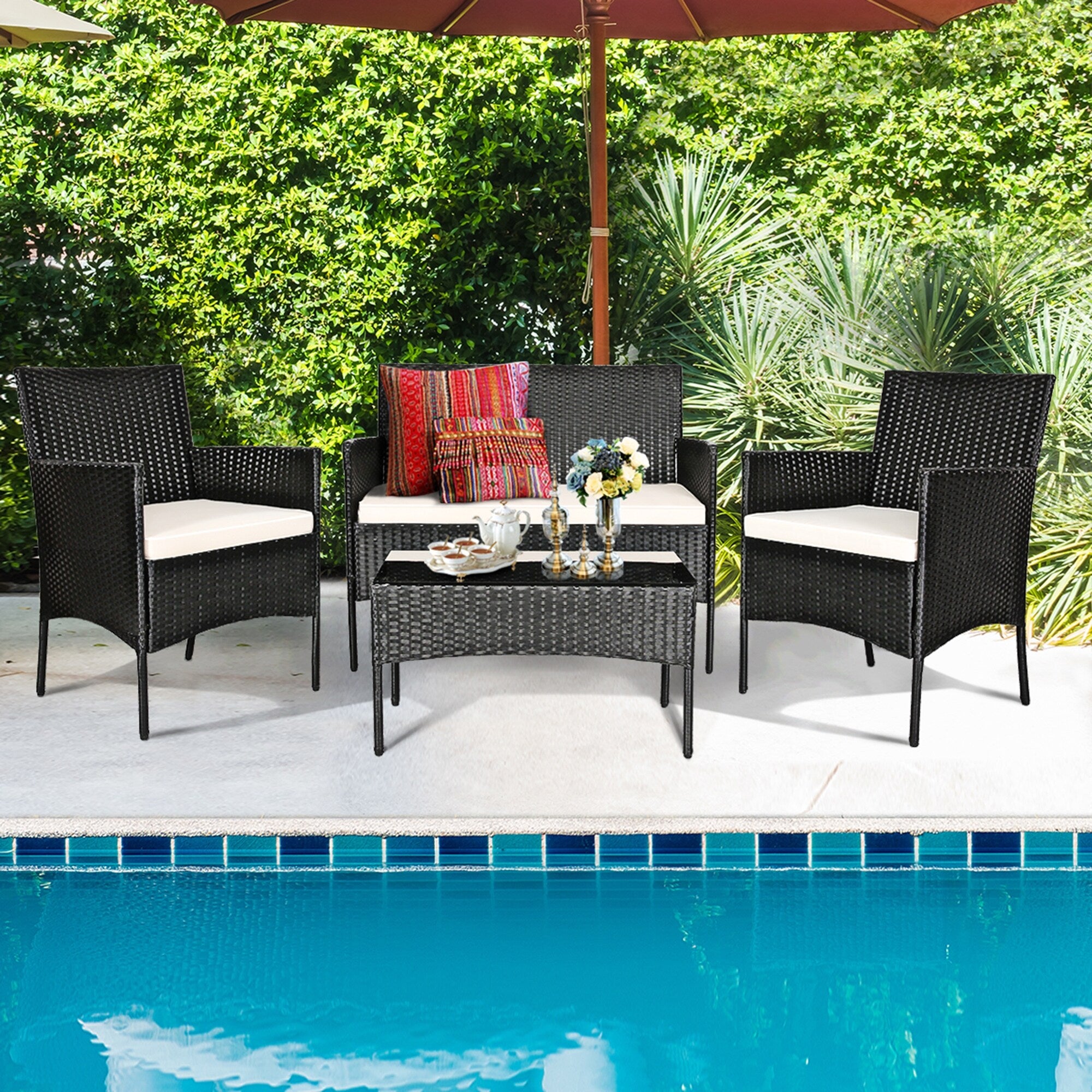 Gymax 4Pcs Outdoor Furniture Set Patio Rattan Conversation Set W