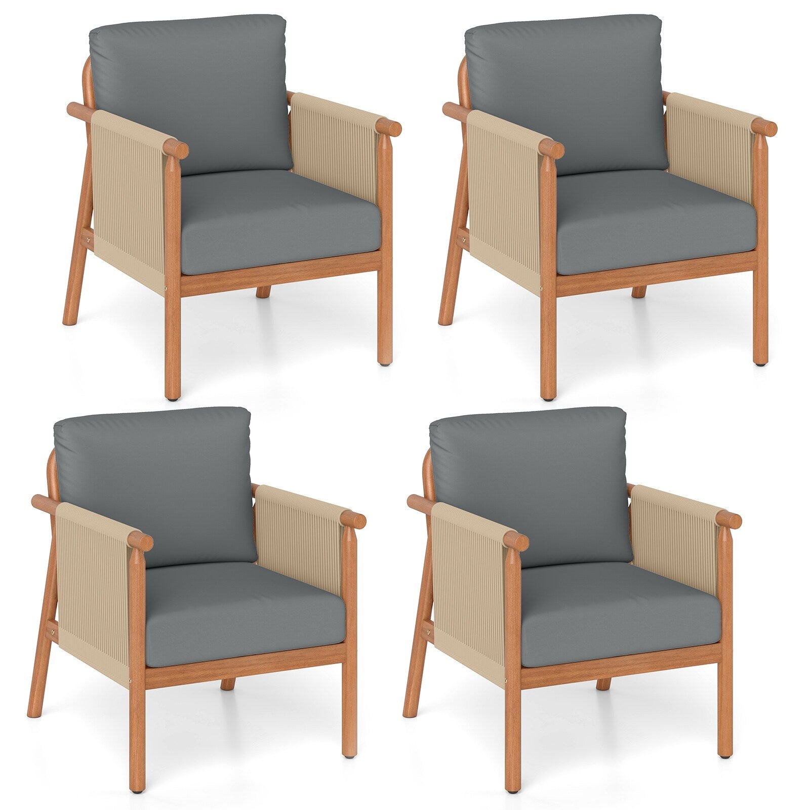 Gymax 4Pcs Patio Acacia Wood Chair W Woven Rope Armrests Seat Back
