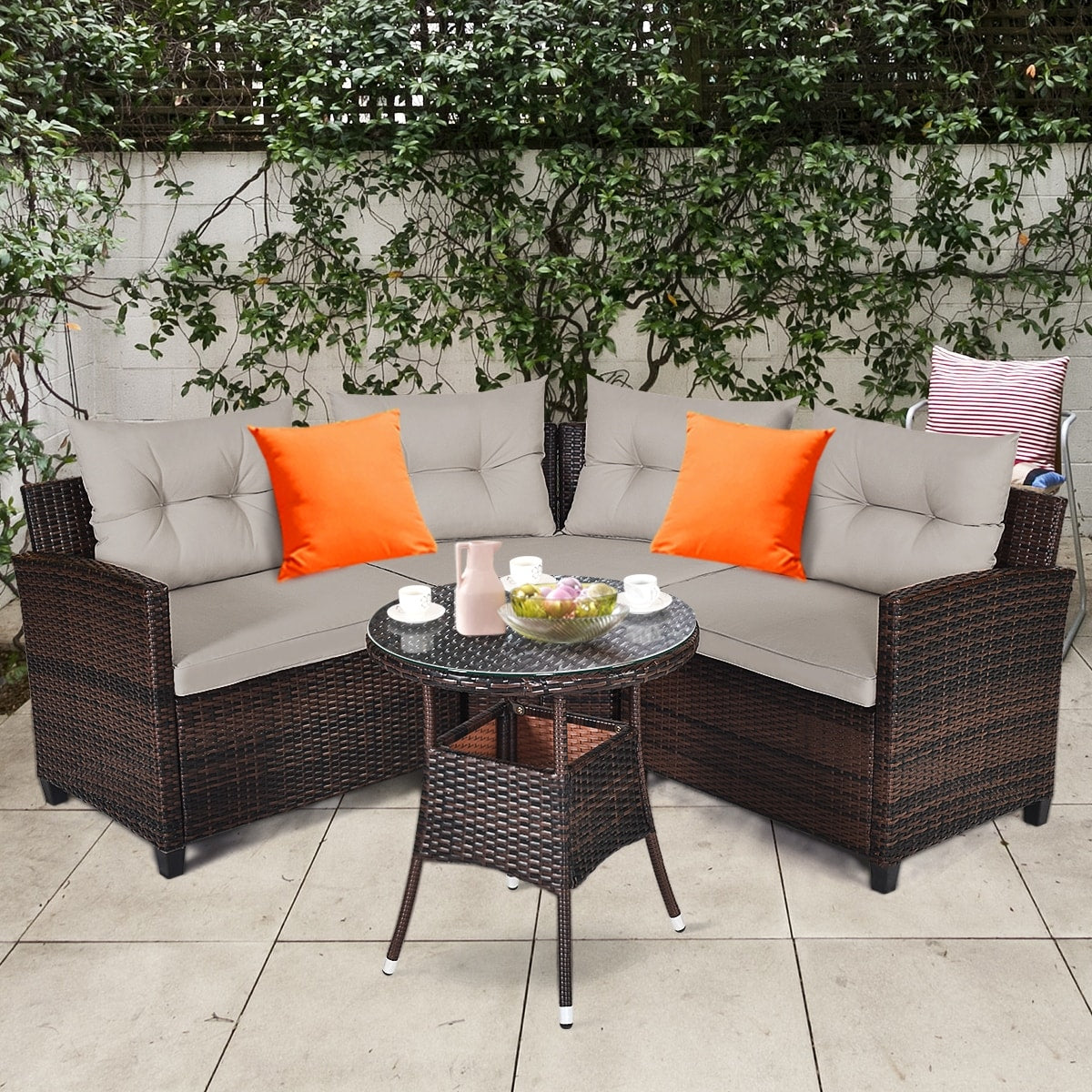 Gymax 4Pcs Patio Furniture Set Outdoor Rattan Sectional W Cushioned