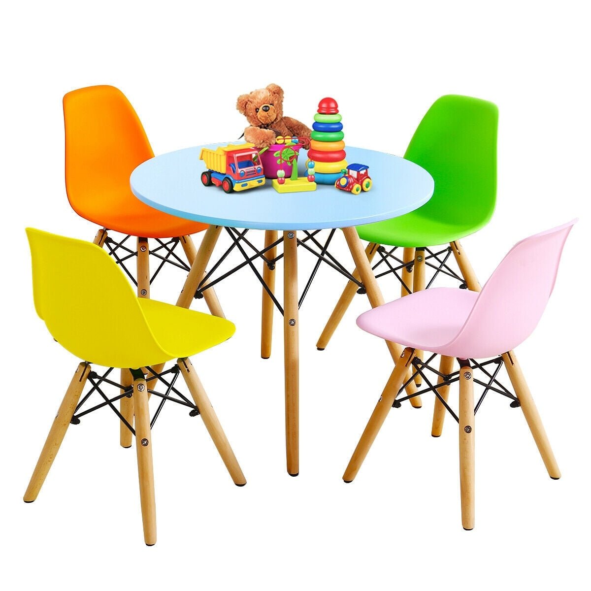Gymax 5 Pc Kids Colorful Round Table Chair Set W 4 Armless Chairs Blue Green Pink Yellow Orange