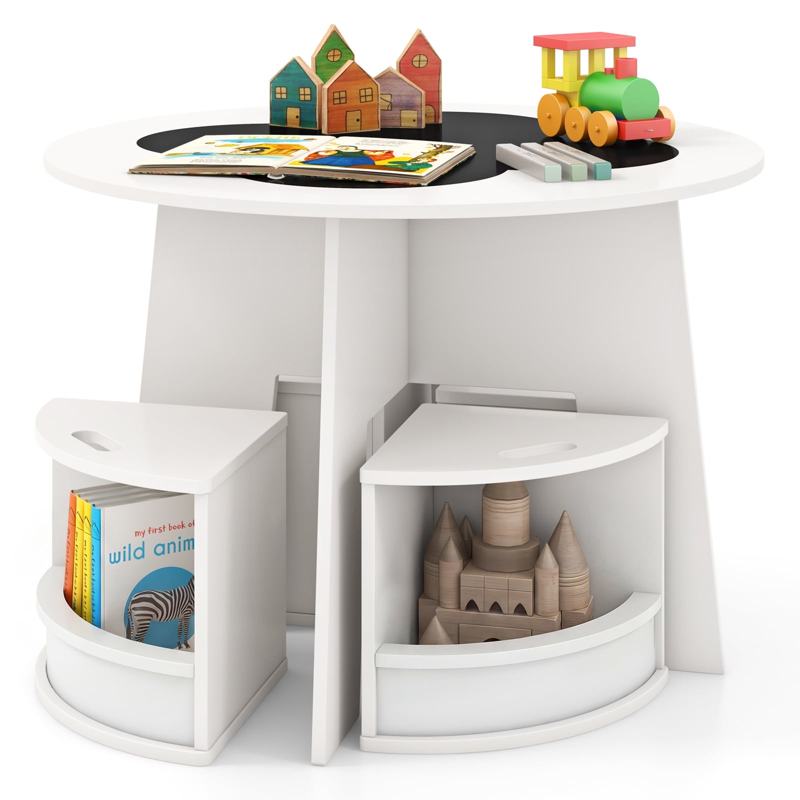 Gymax 5 Pc Kids Table Chair Set W Writable Blackboard Storage Stools