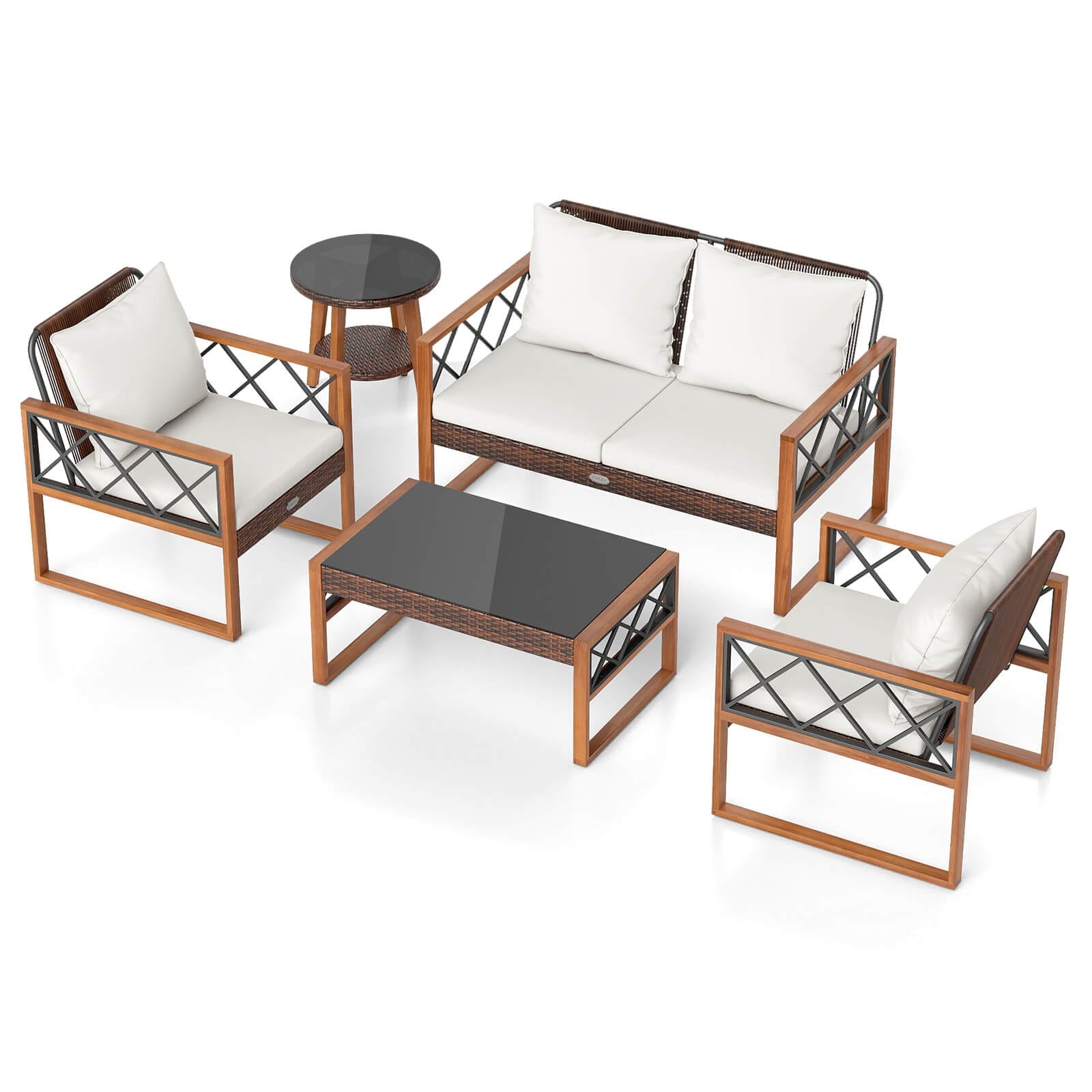 Gymax 5 Pcs Pe Wicker Patio Furniture Set W Acacia Wood Frame Cushions