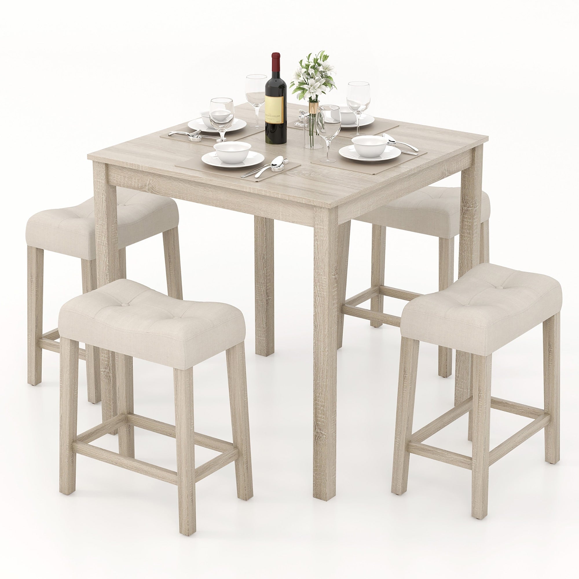 Gymax 5 Pcs Square Bar Table Set For 4 W Padded Stools Rubber Wood