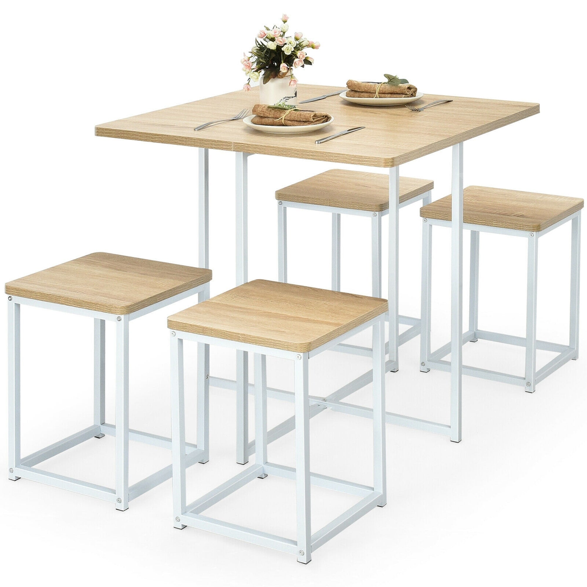 Gymax 5 Piece Dining Table And Chairs Set Metal Legs Compact Space Bar Pub Kitchen Beige White