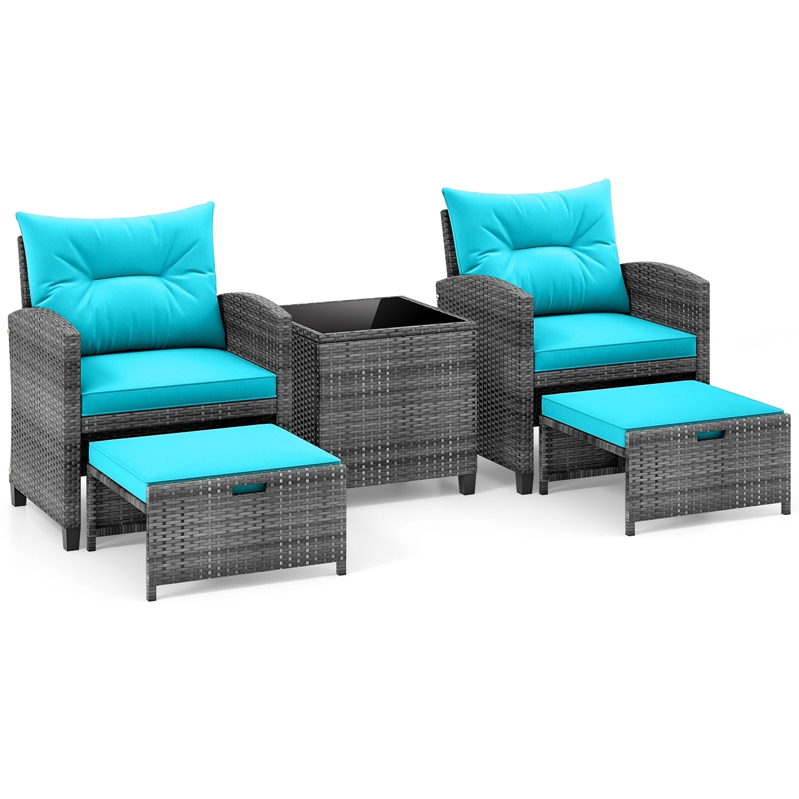 Gymax 5 Piece Patio Rattan Furniture W 2 Ottomans Tempered Glass
