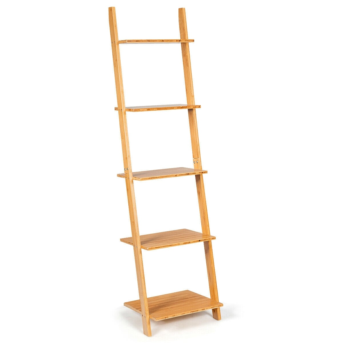 Gymax 5 Tier Ladder Shelf Modern Bamboo Leaning Bookshelf Ladder See Details