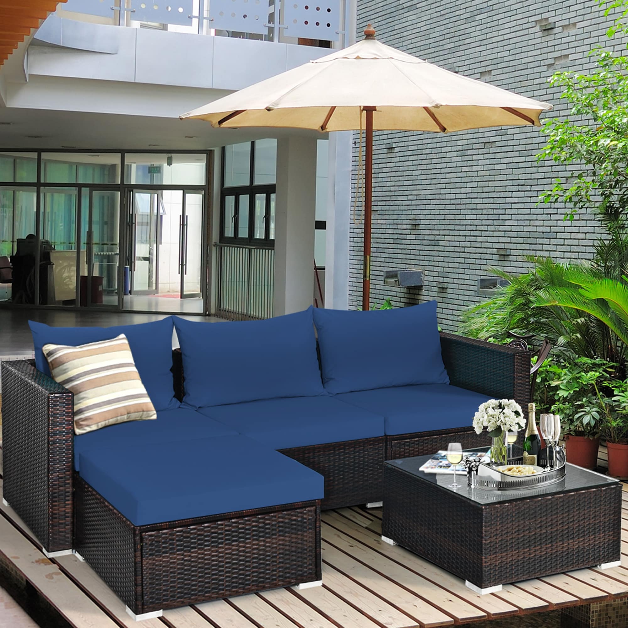 Gymax 5Pcs Cushioned Rattan Patio Conversation Set W Ottoman Navy