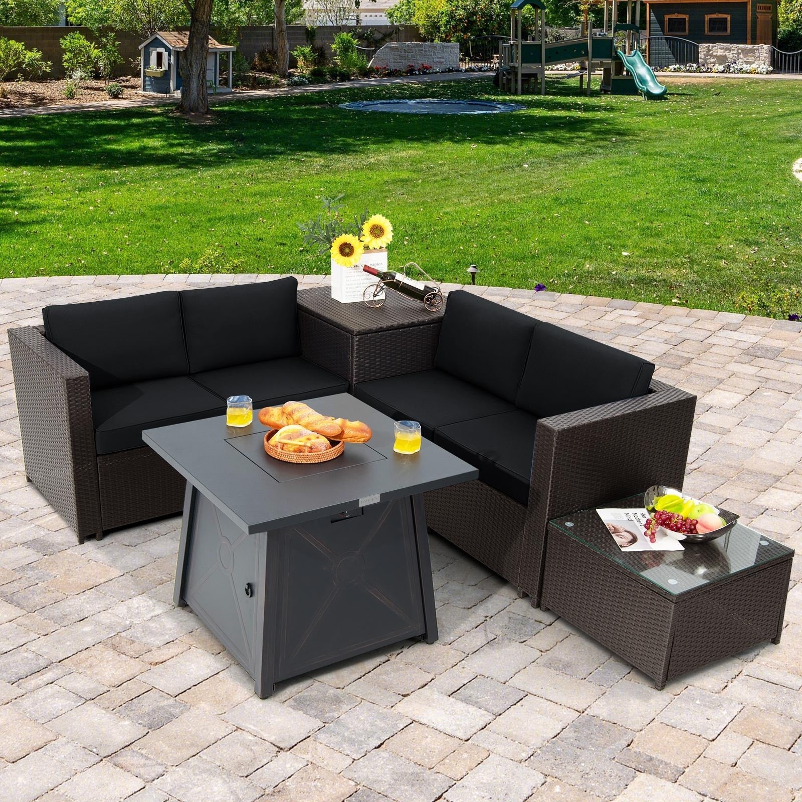 Gymax 5Pcs Outdoor Patio Furniture Set W 50000 Btu Propane Fire Pit
