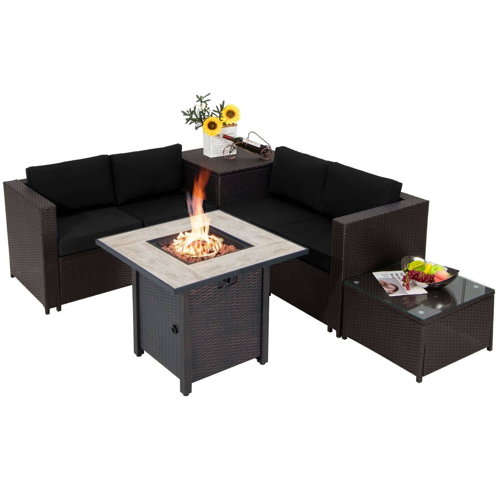 Gymax 5Pcs Patio Furniture Set W 30 Inches Gas Fire Pit Table Cushions 5 Pcs