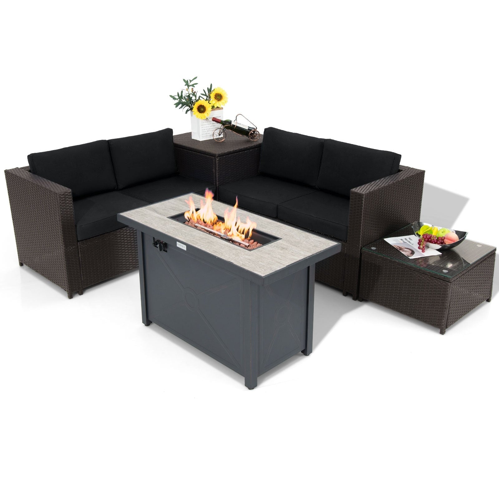 Gymax 5Pcs Patio Furniture Set W 42 Propane Fire Pit Table Cushions