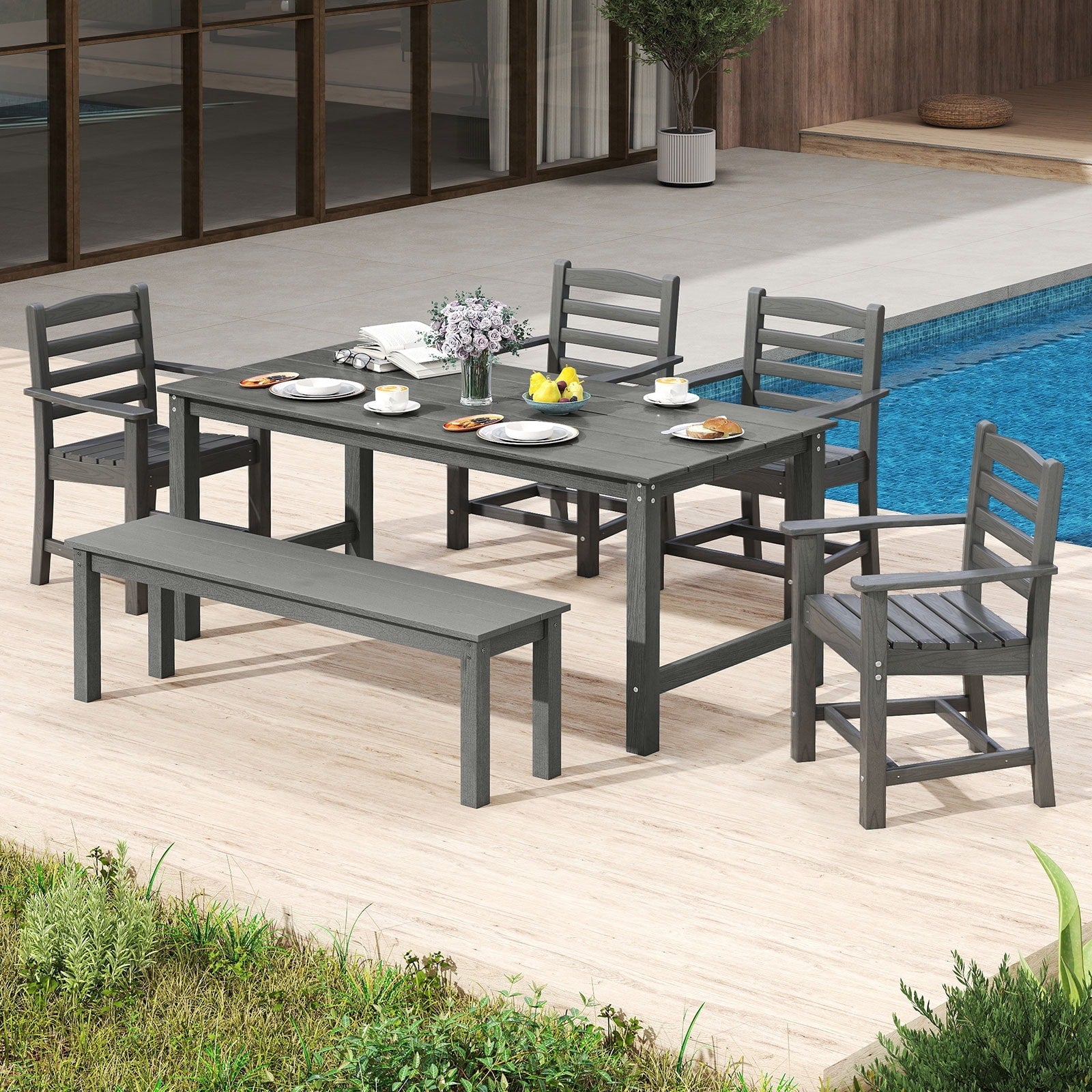 Gymax 6 Pcs Patio Dining Bench Set Outdoor Hdpe Weather Resistant