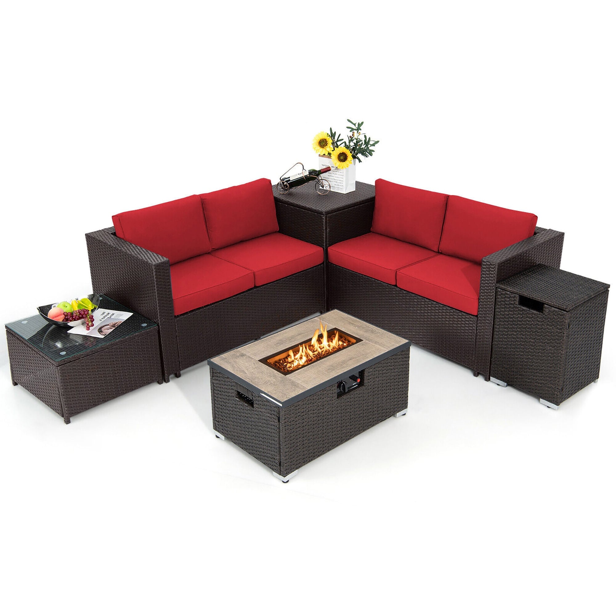 Gymax 6 Piece Patio Sofa Fire Table Set Outdoor Rattan Sectional