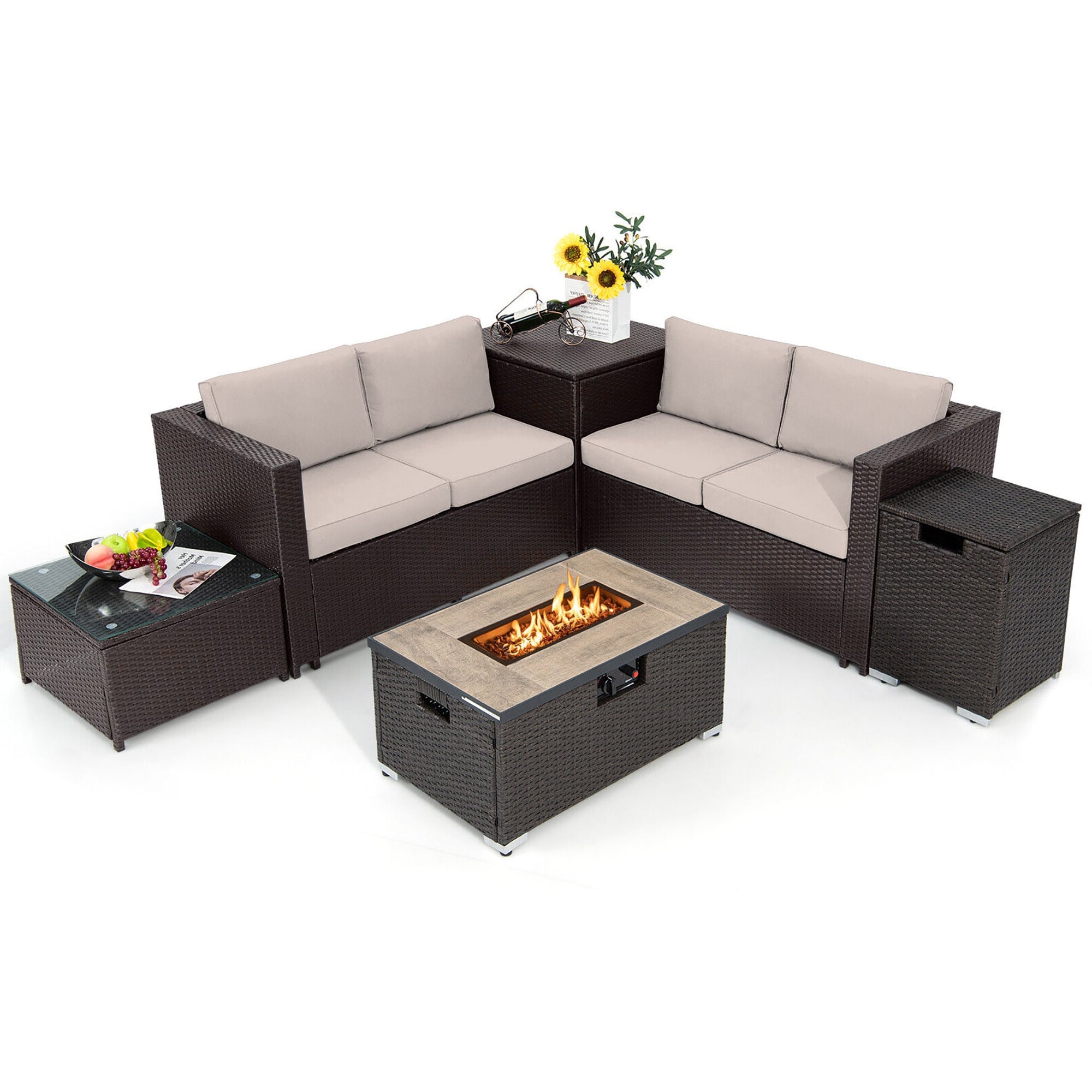 Gymax 6 Piece Patio Sofa Fire Table Set Outdoor Rattan Sectional