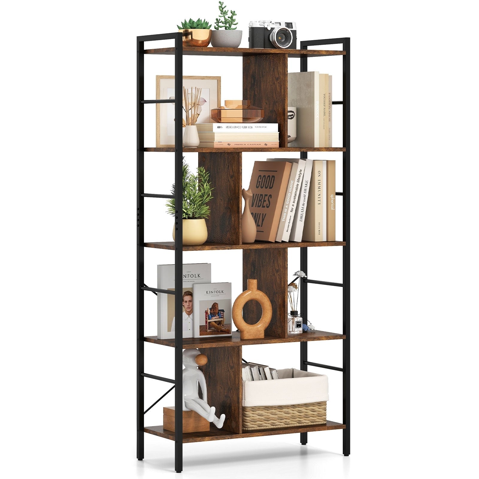 Gymax 61 5 Tier Bookshelf W Metal Frame 2 Anti Tipping Devices For