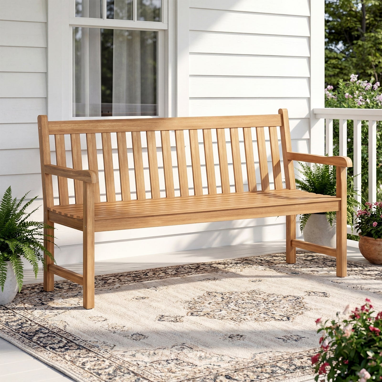 Gymax 62 Teak Porch Bench 3 Seat Solid Wood Garden Patio Bench W