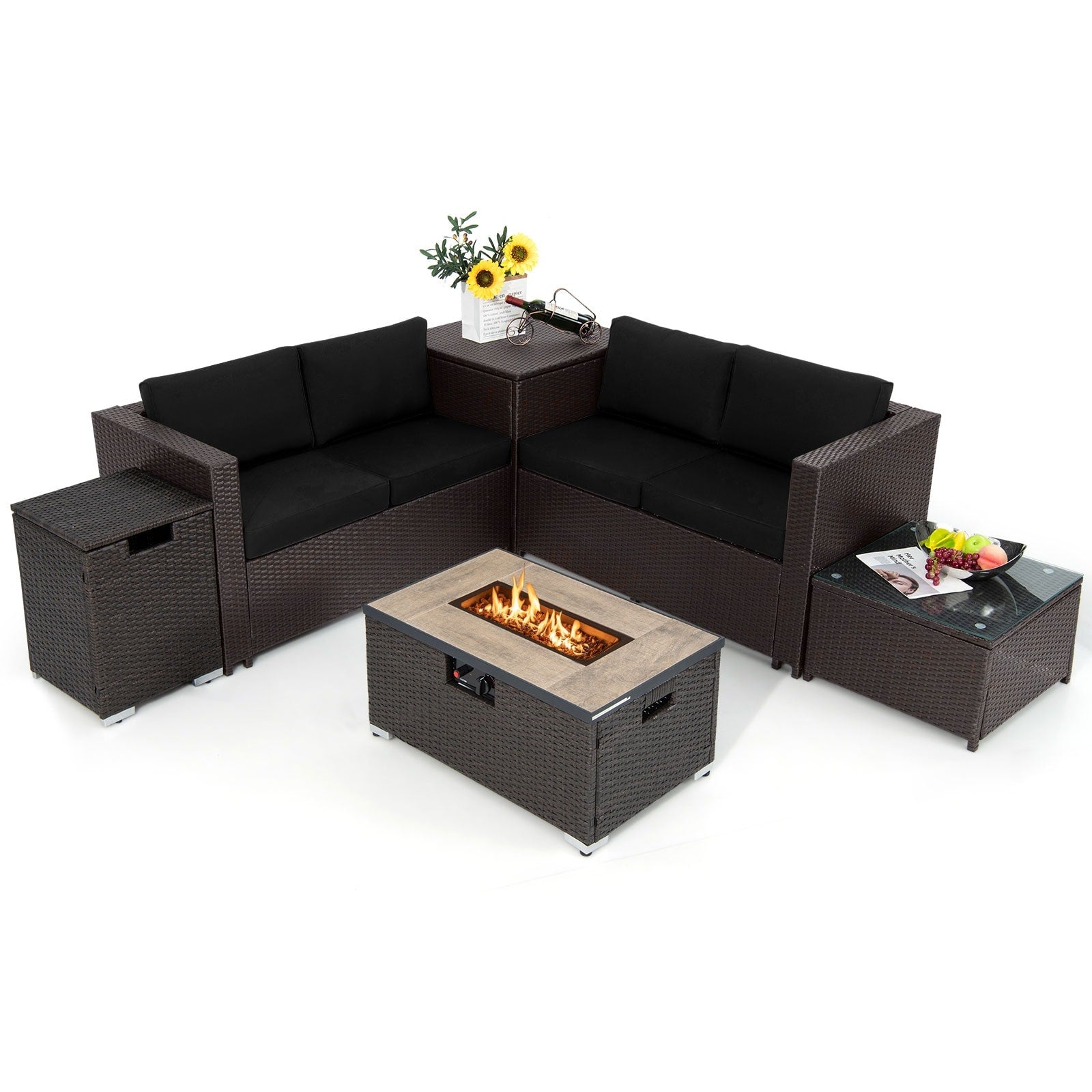 Gymax 6Pcs Outdoor Wicker Furniture Set W 32 Propane Fire Pit Table