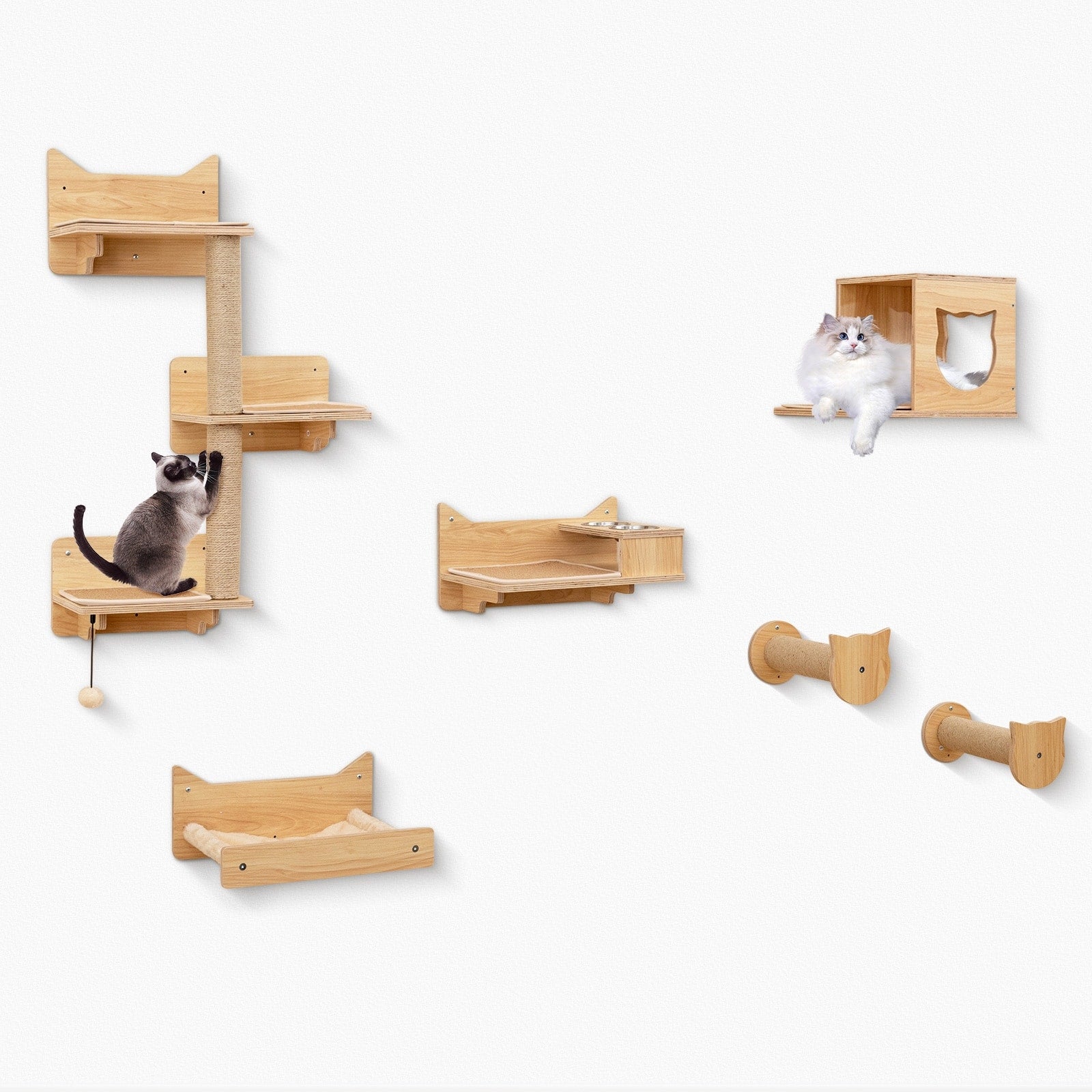 Gymax 6Pcs Wall Mounted Cat Activity Center W 3 Tier Cat Tower Hammock Natural