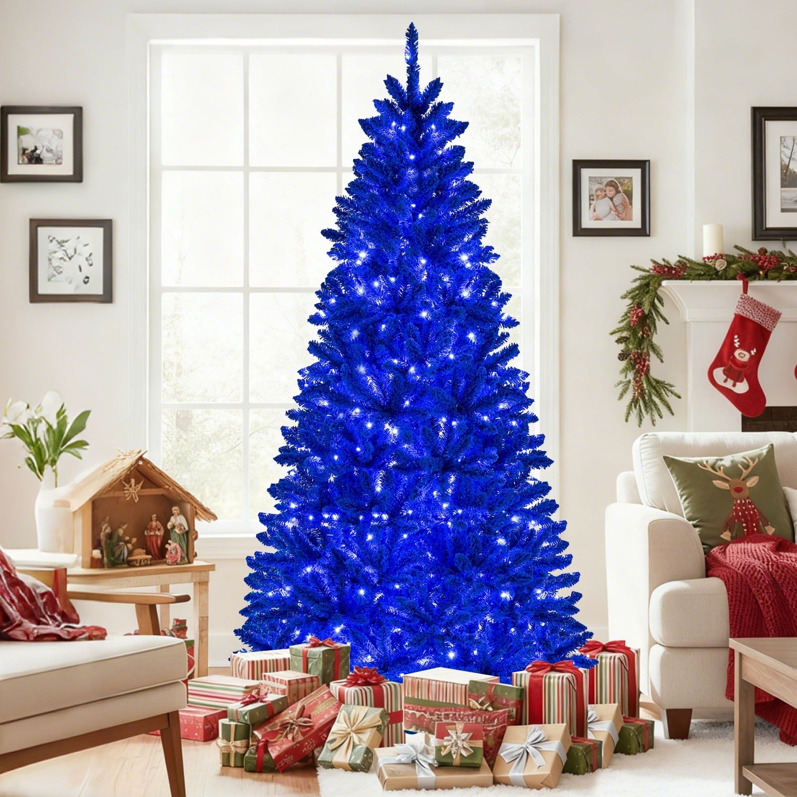Gymax 7 Ft Artificial Christmas Tree W 900 Branch Tips 340 Led Lights Royal Blue