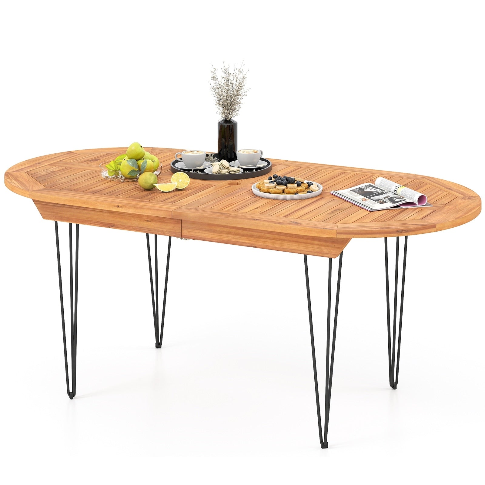 Gymax 71 Patio Dining Table 6 Person Large Oval Table W Teak Wood