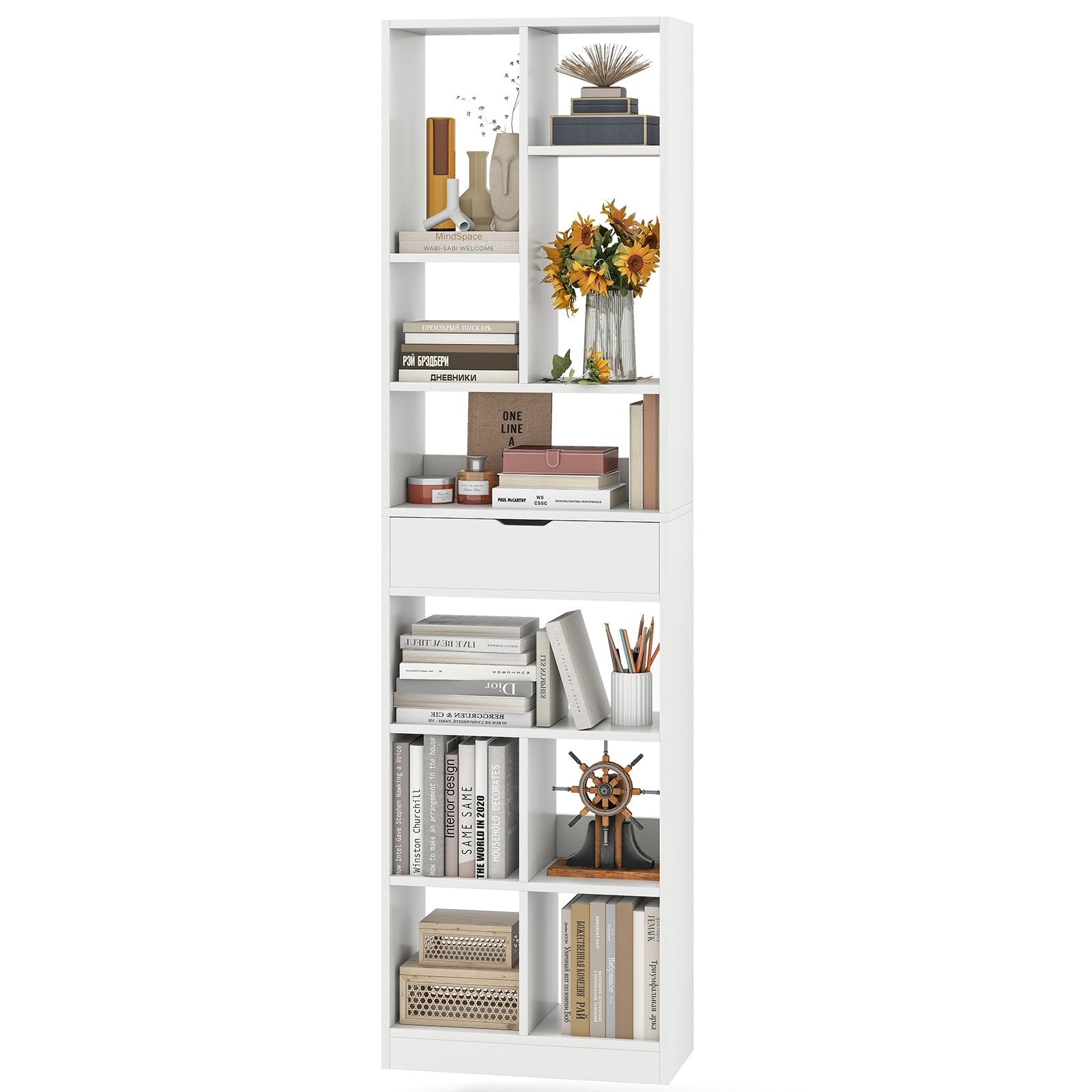 Gymax 71 Tall Bookcase W Drawer Modern Bookshelf W 10 Open Cubes