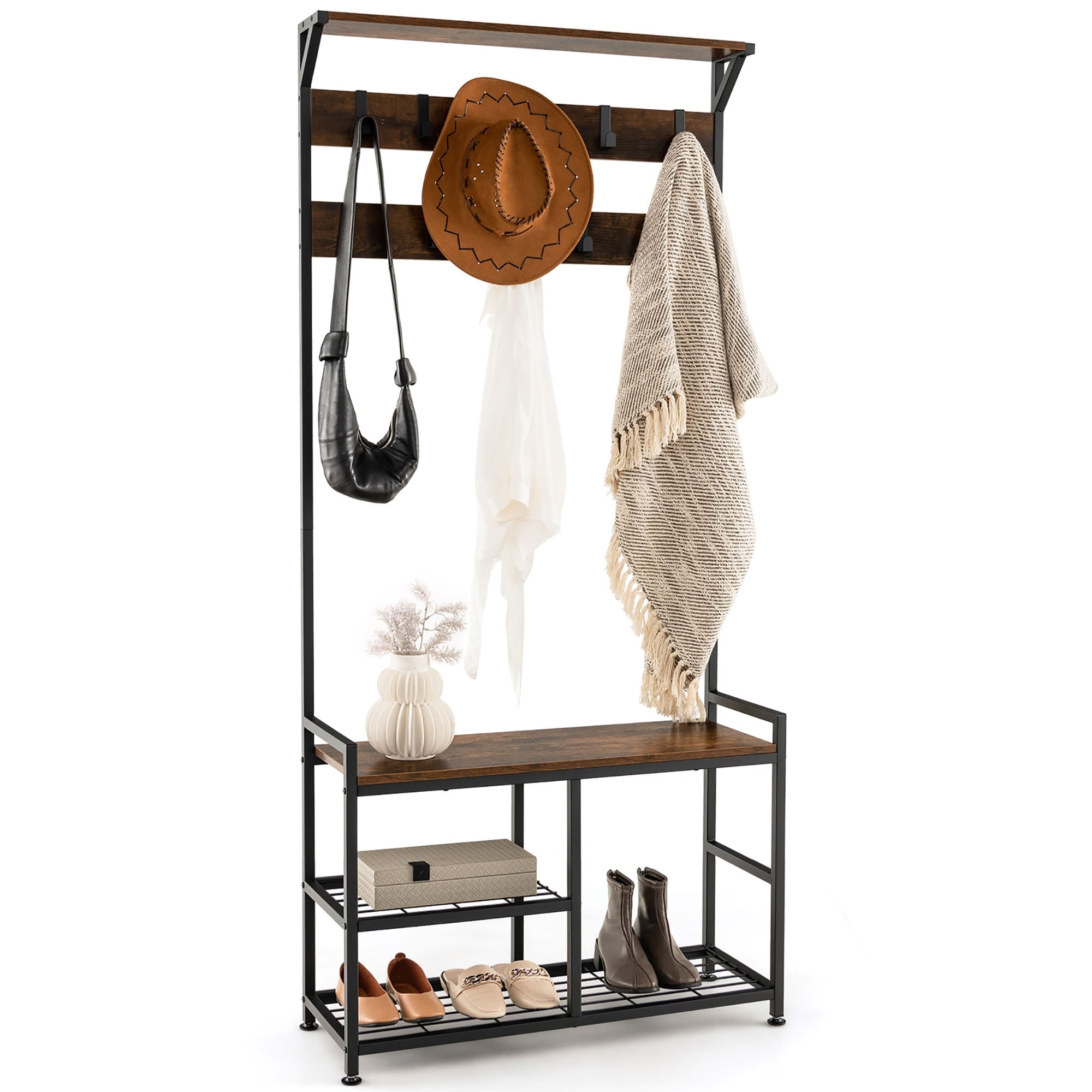 Gymax 3 In 1 Industrial Coat Rack Shoe Bench Entryway Hall Tree 33 L X 12 D X 71 H