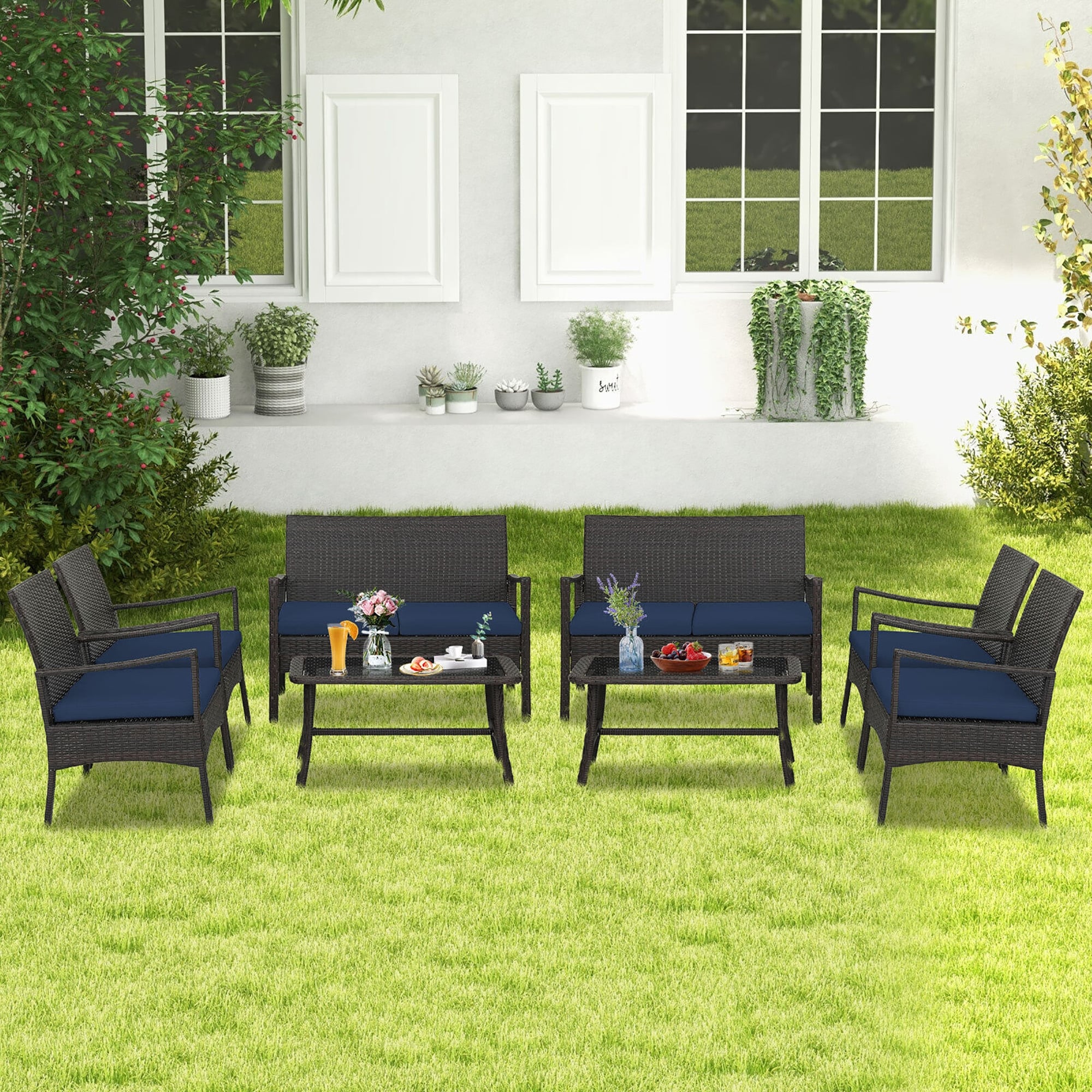 Gymax 8 Pieces Outdoor Patio Pe Wicker Sofa W Tempered Glass Coffee