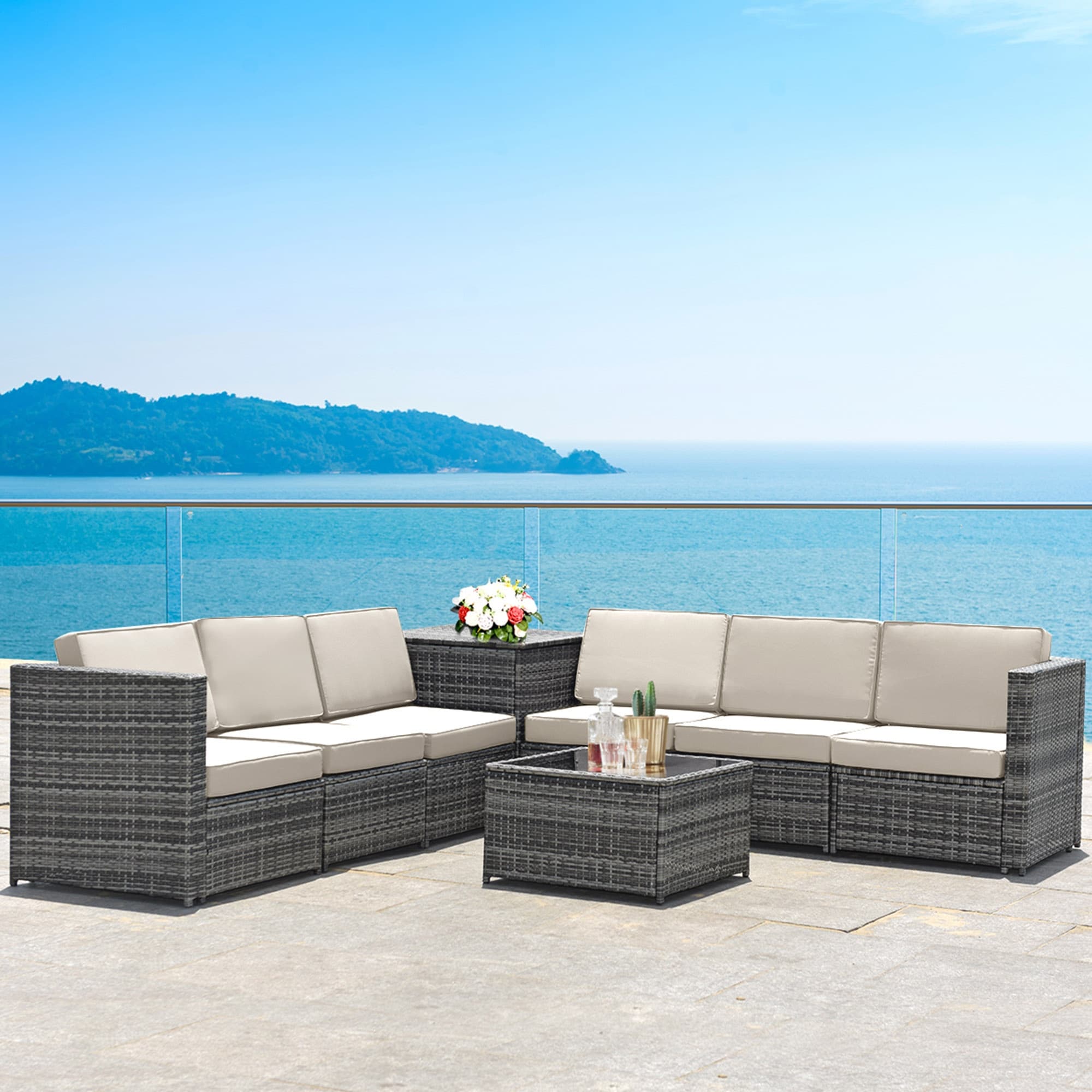 Gymax 8Pcs Patio Rattan Sofa Sectional Conversation Furniture Set W