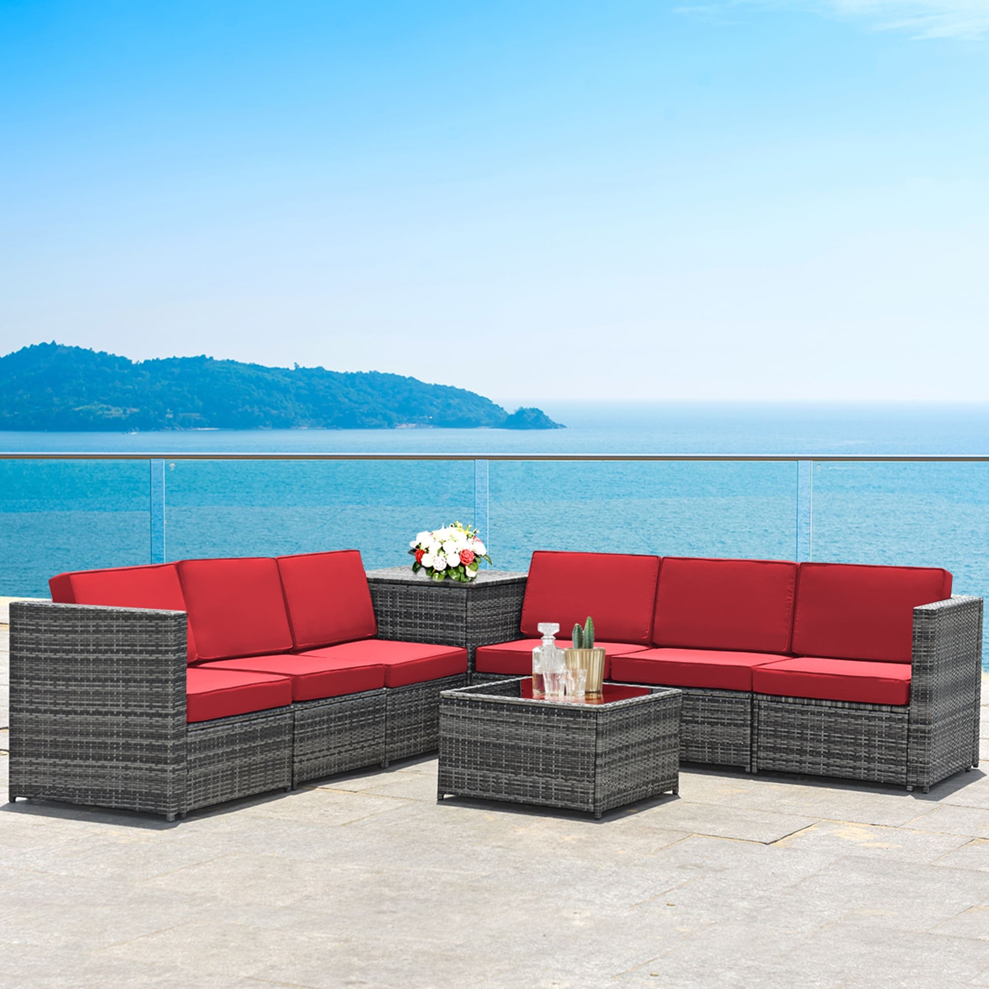 Gymax 8Pcs Patio Rattan Sofa Sectional Conversation Furniture Set W
