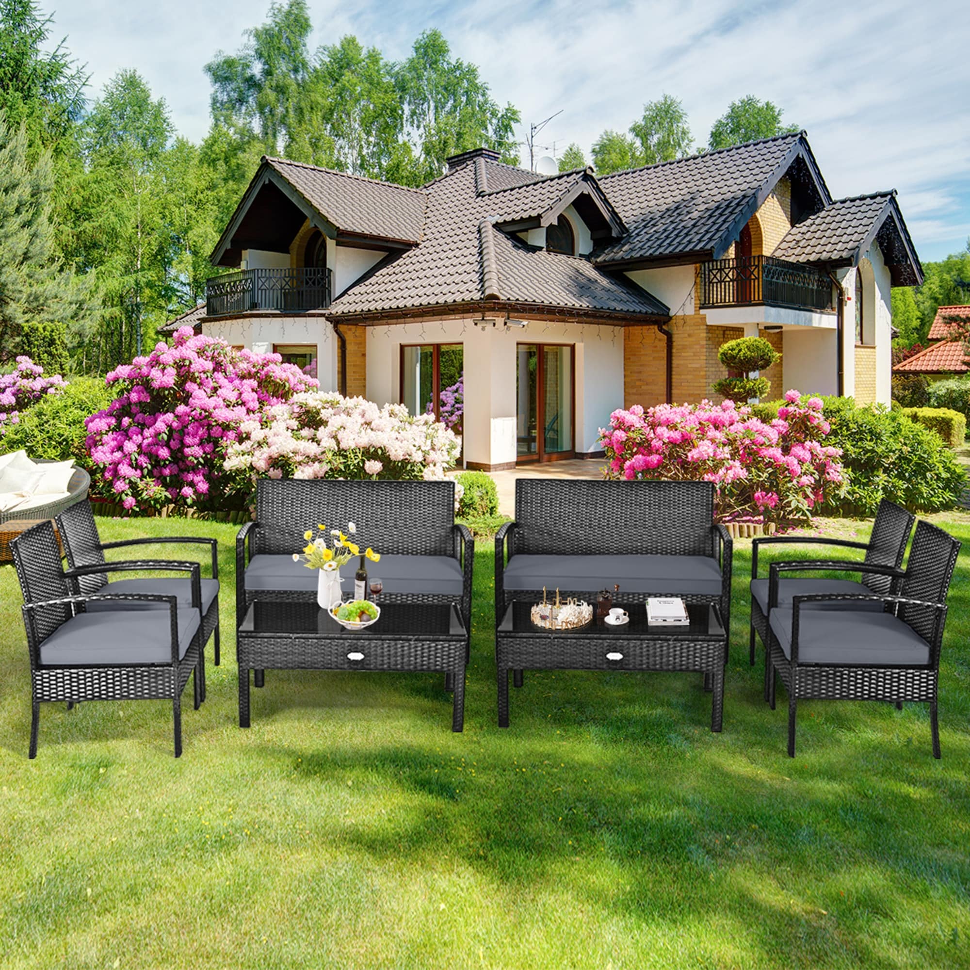 Gymax 8Pcs Patio Wicker Rattan Conversation Set Outdoor Furniture Set