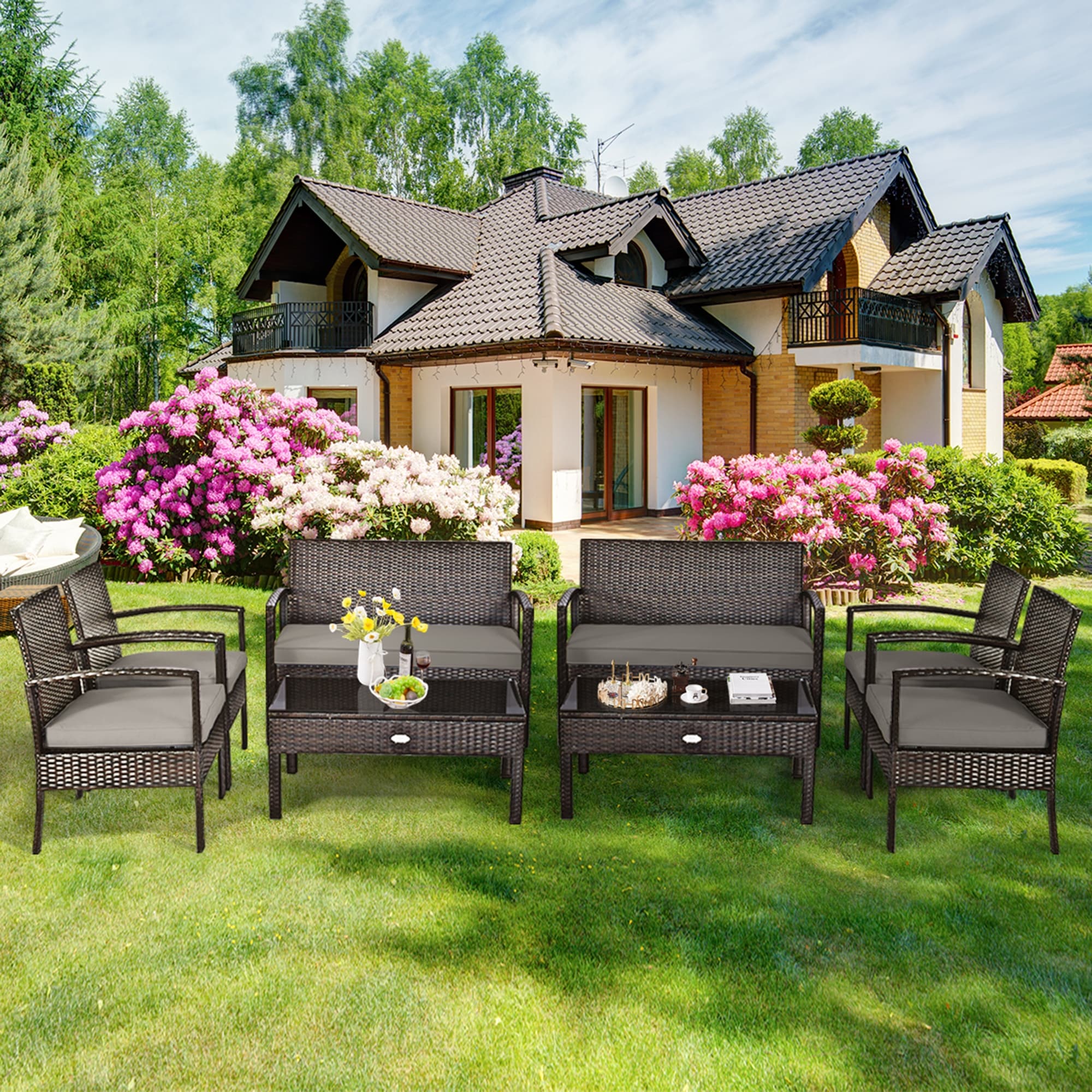 Gymax 8Pcs Rattan Patio Conversation Set Outdoor Furniture Set Garden