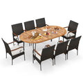 Gymax 9 Pcs Acacia Wood Table 8 Patio Wicker Armchairs Patio Rattan
