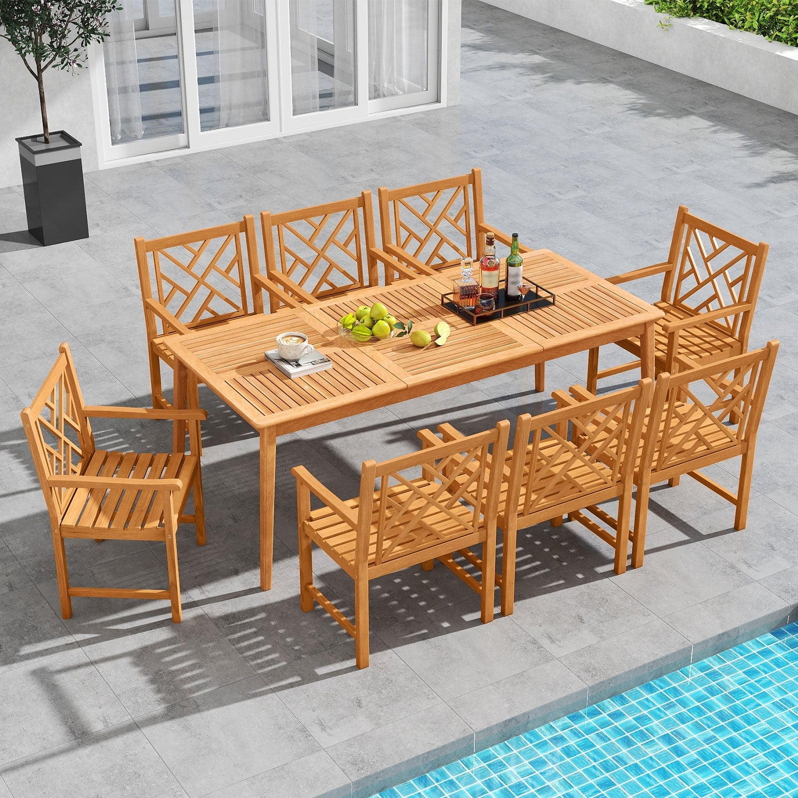 Gymax 9 Pieces Patio Dining Table Set W 8 Chairs Slatted Tabletop