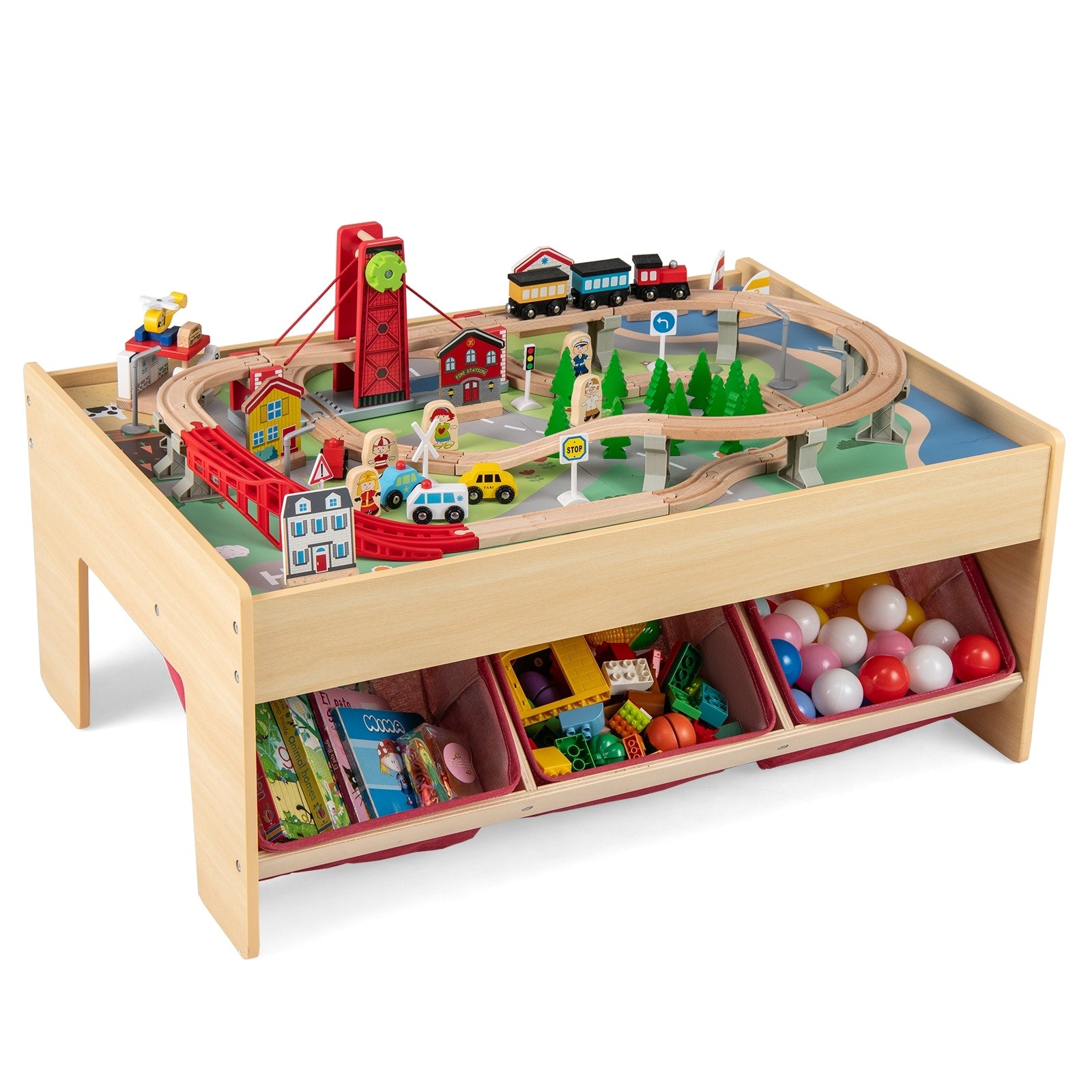 Gymax 94 Pcs Wooden Train Set Table W Reversible Tabletops 3 Storage