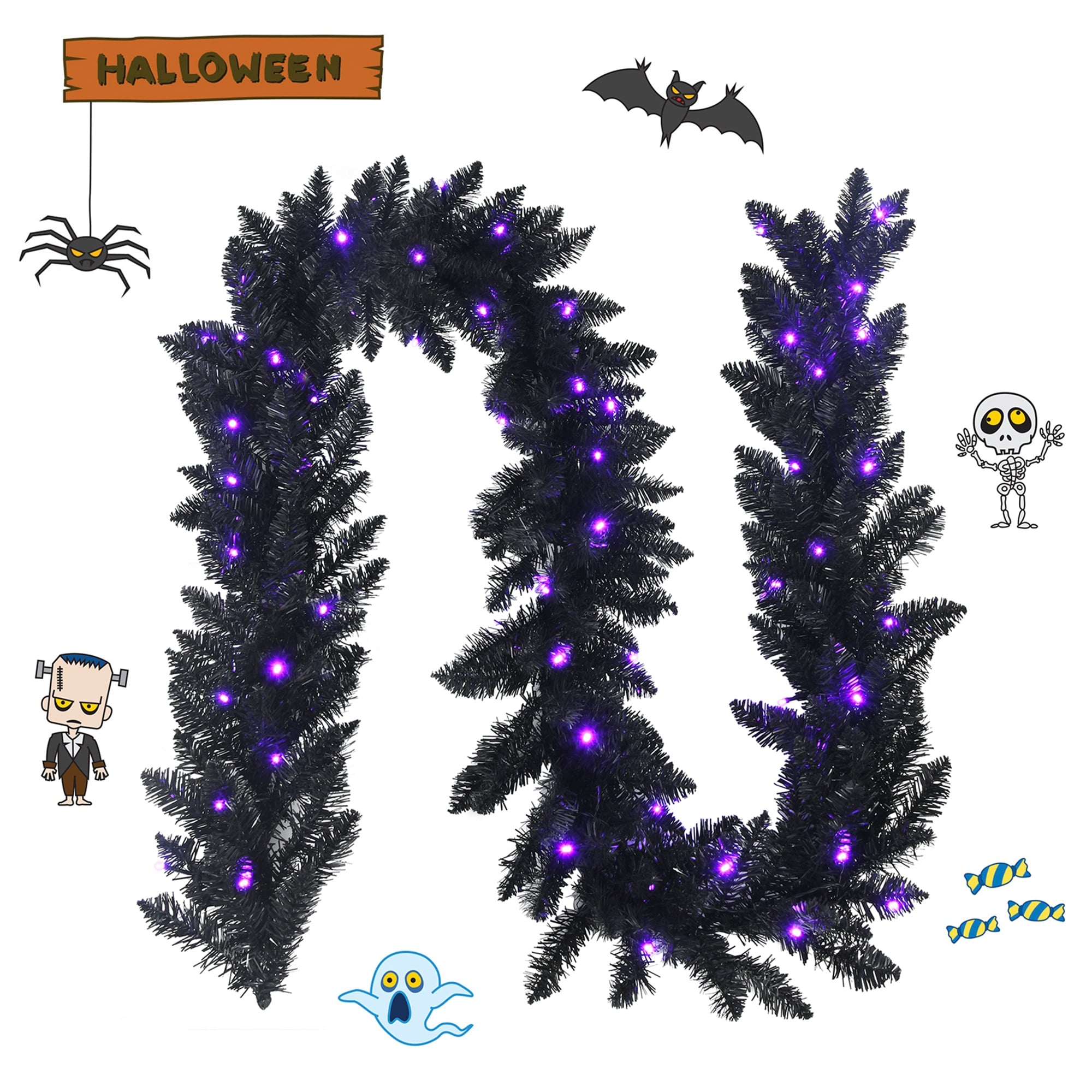 Gymax 9Ft Pre Lit Black Halloween Garland Christmas Rattan W Led