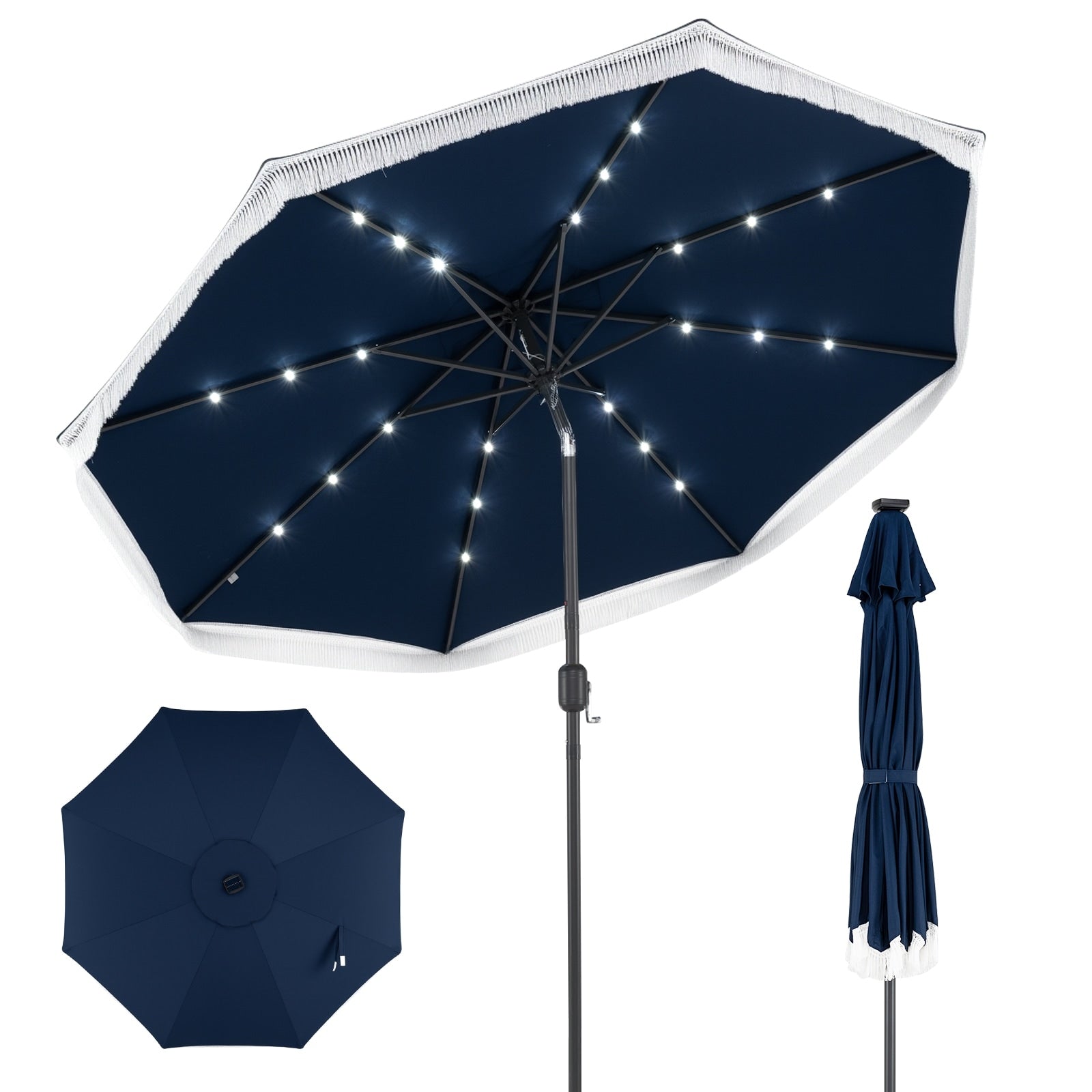 Gymax 9Ft Solar Patio Umbrella W 24 Led Lights Fringe Push Button Tilt