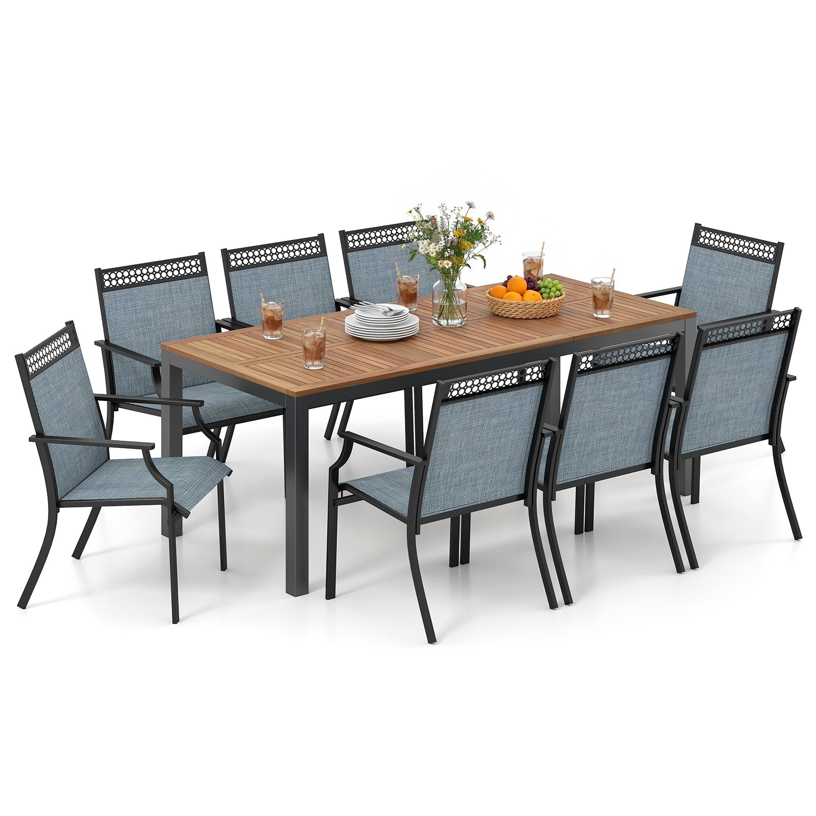Gymax 9Pcs Patio Dining Set For 8 W Quick Drying Fabric Sturdy Acacia