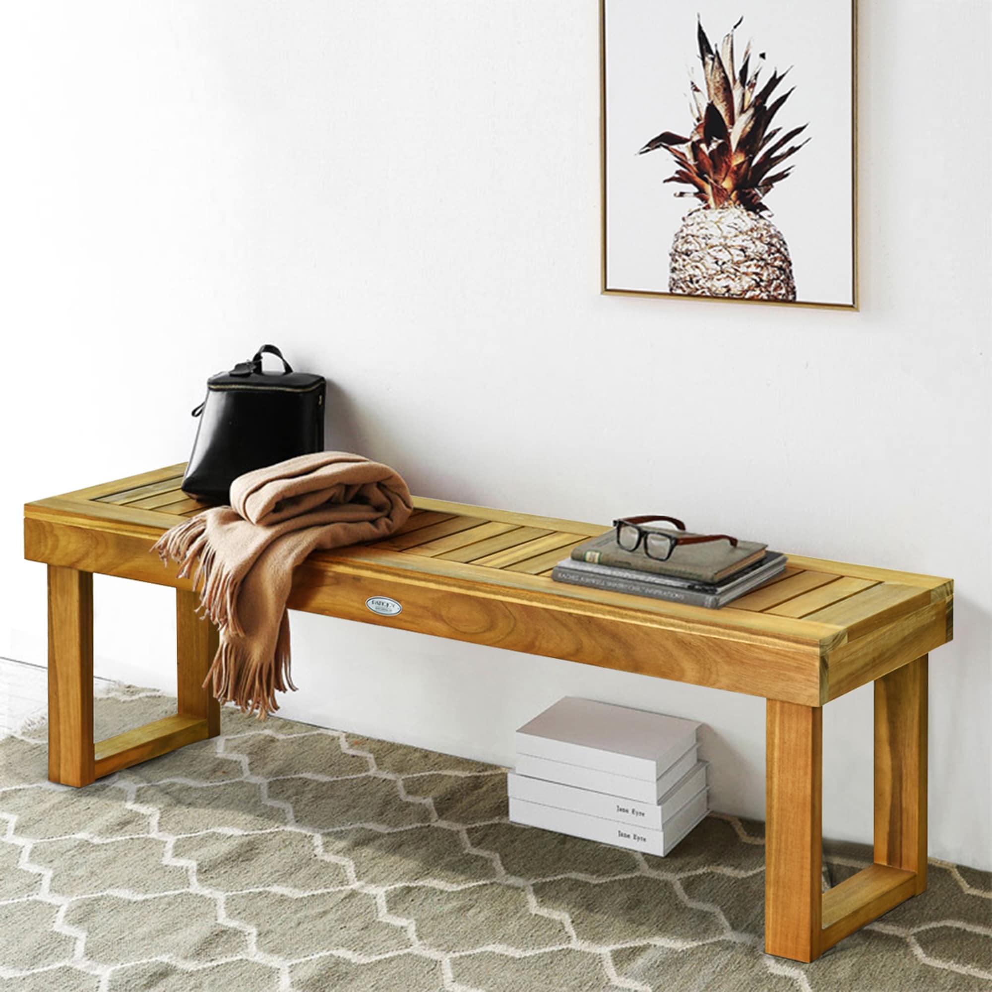 Gymax Acacia Wood Bench Dining Bench Patio Garden W Slatted Seat