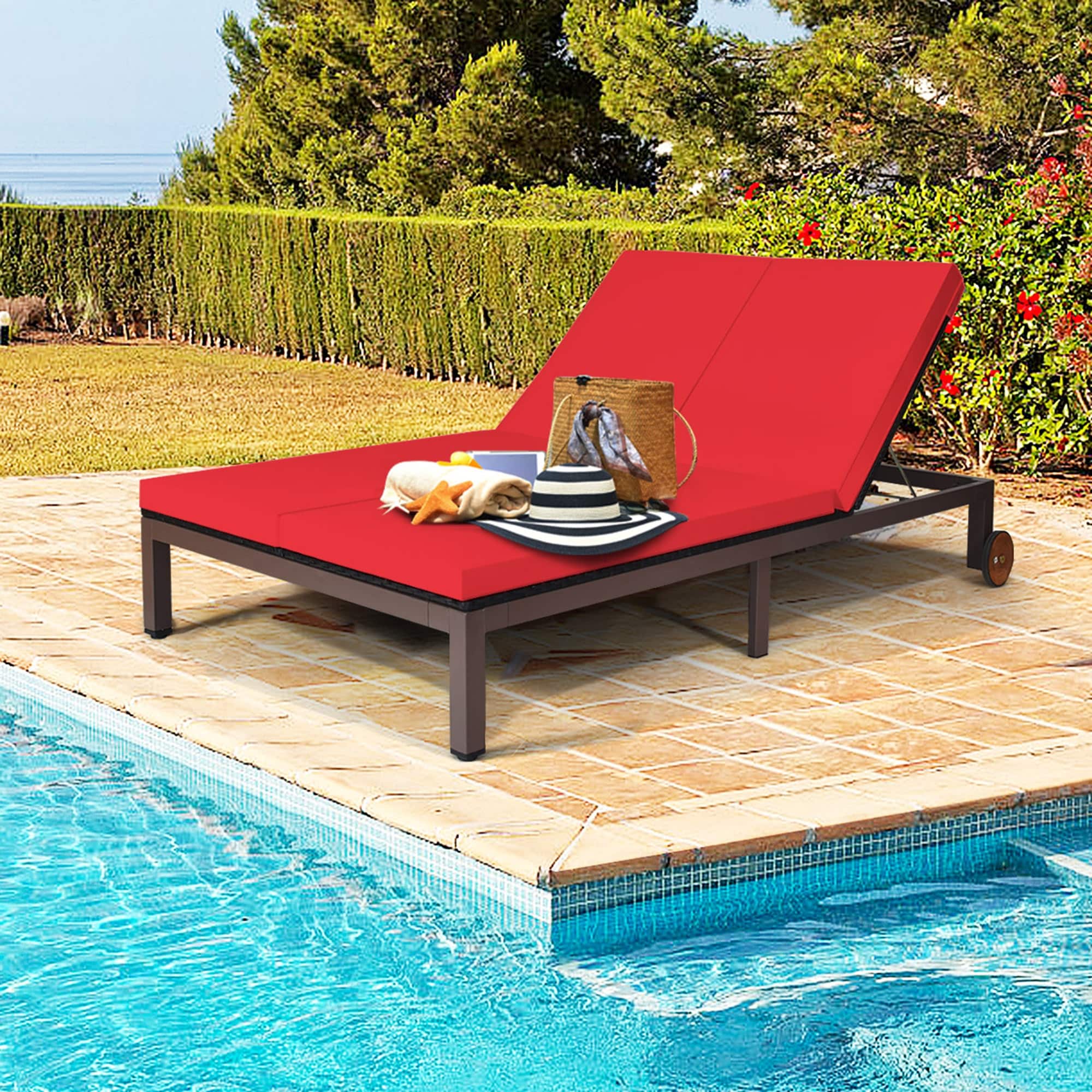Gymax Adjustable Patio Rattan 2 Person Recliner Lounge Chair W Red