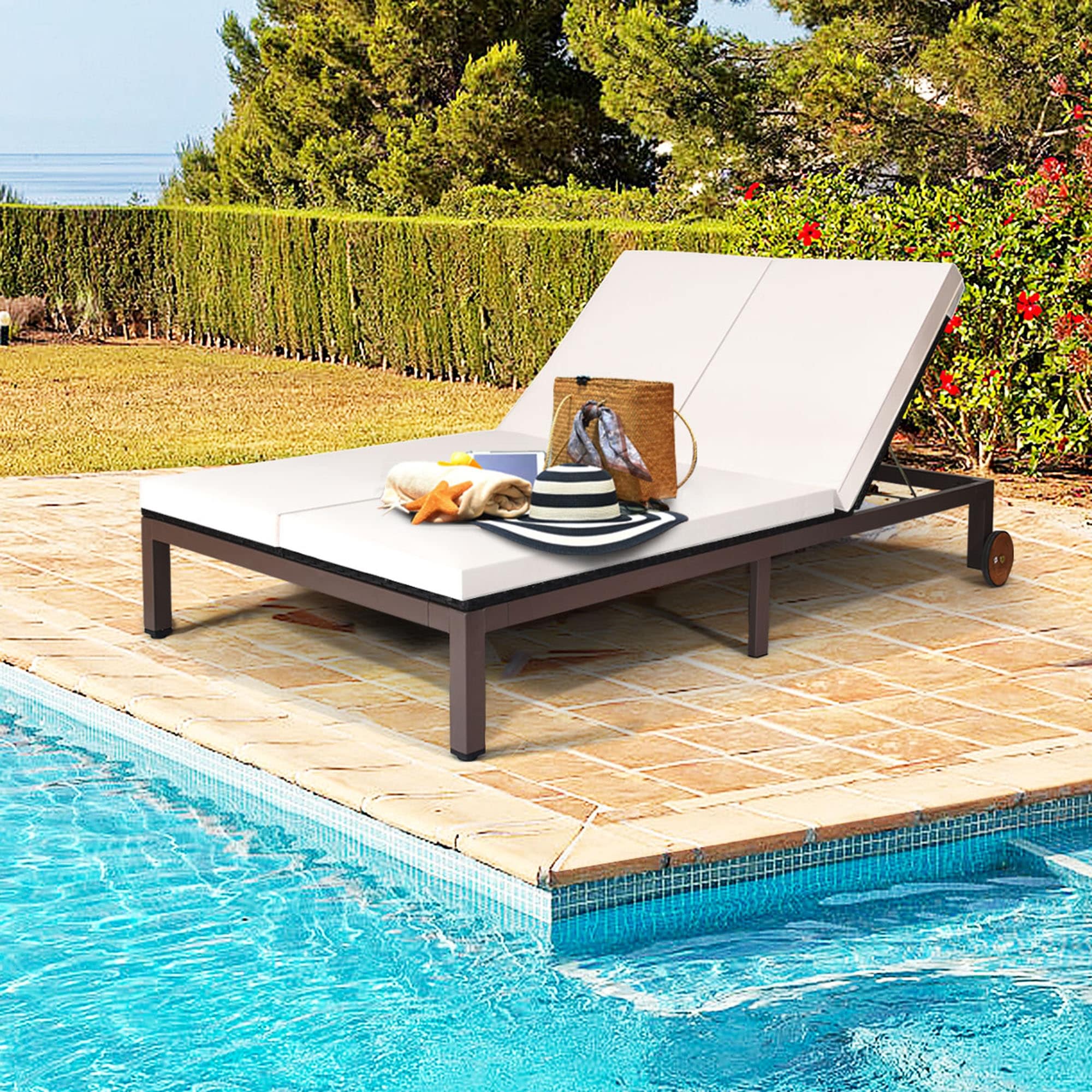 Gymax Adjustable Patio Rattan 2 Person Recliner Lounge Chair W