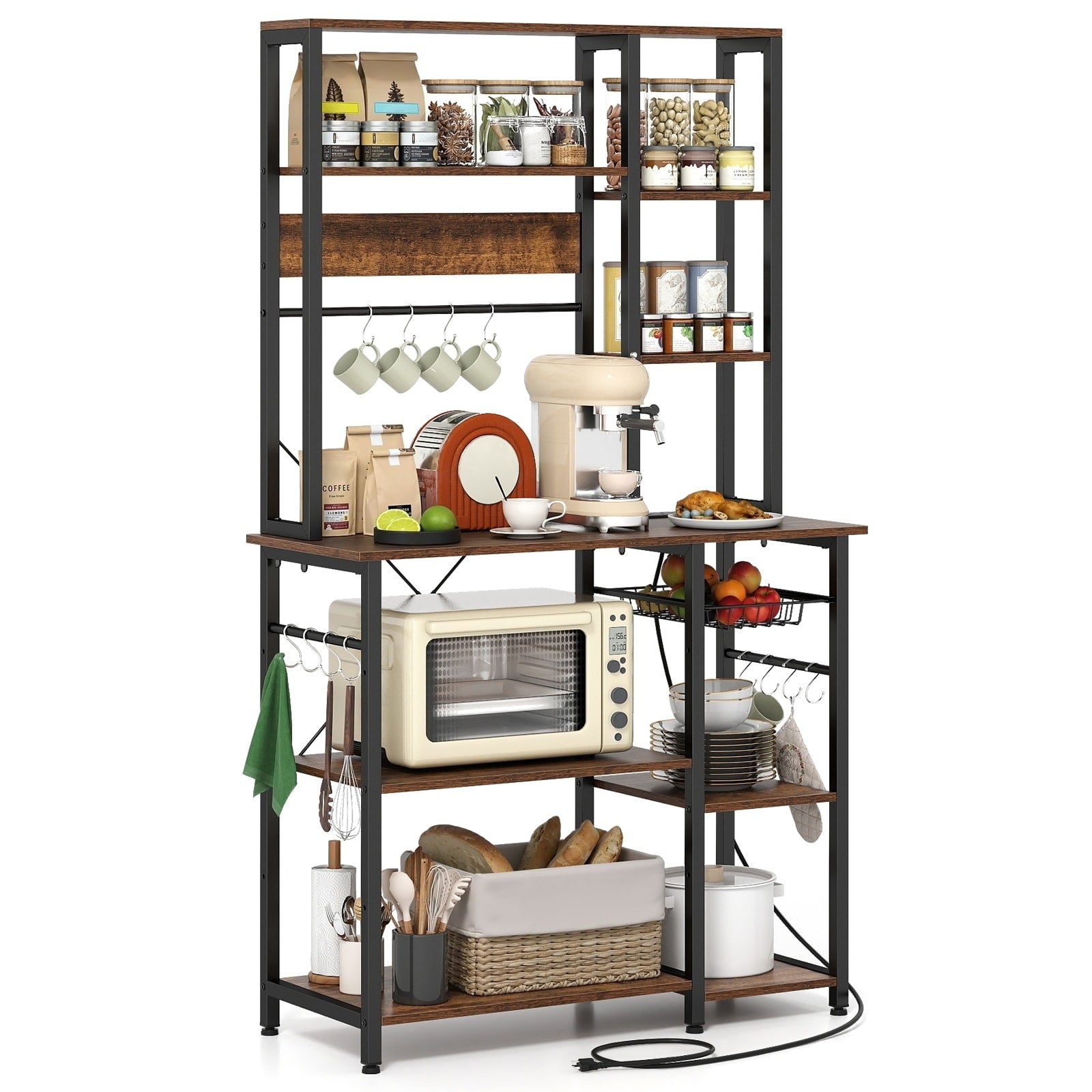 Gymax Bakers Rack W Power Outlet 6 Tier Microwave Stand W Wooden