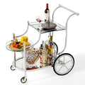 Gymax Serving Cart Kitchen Bar Wine Tea Cart Glass Shelves Metal Frame With Wheels As Pic
