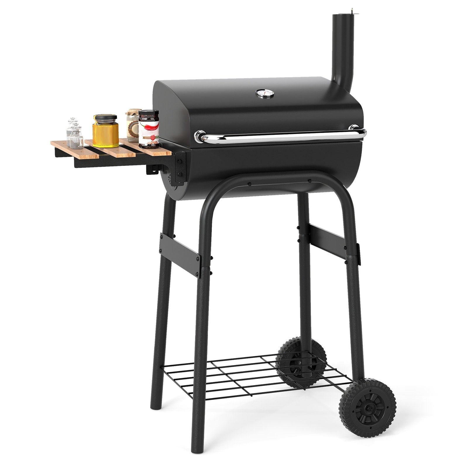 Gymax Barrel Charcoal Grill W Foldable Side Table Built In Thermometer